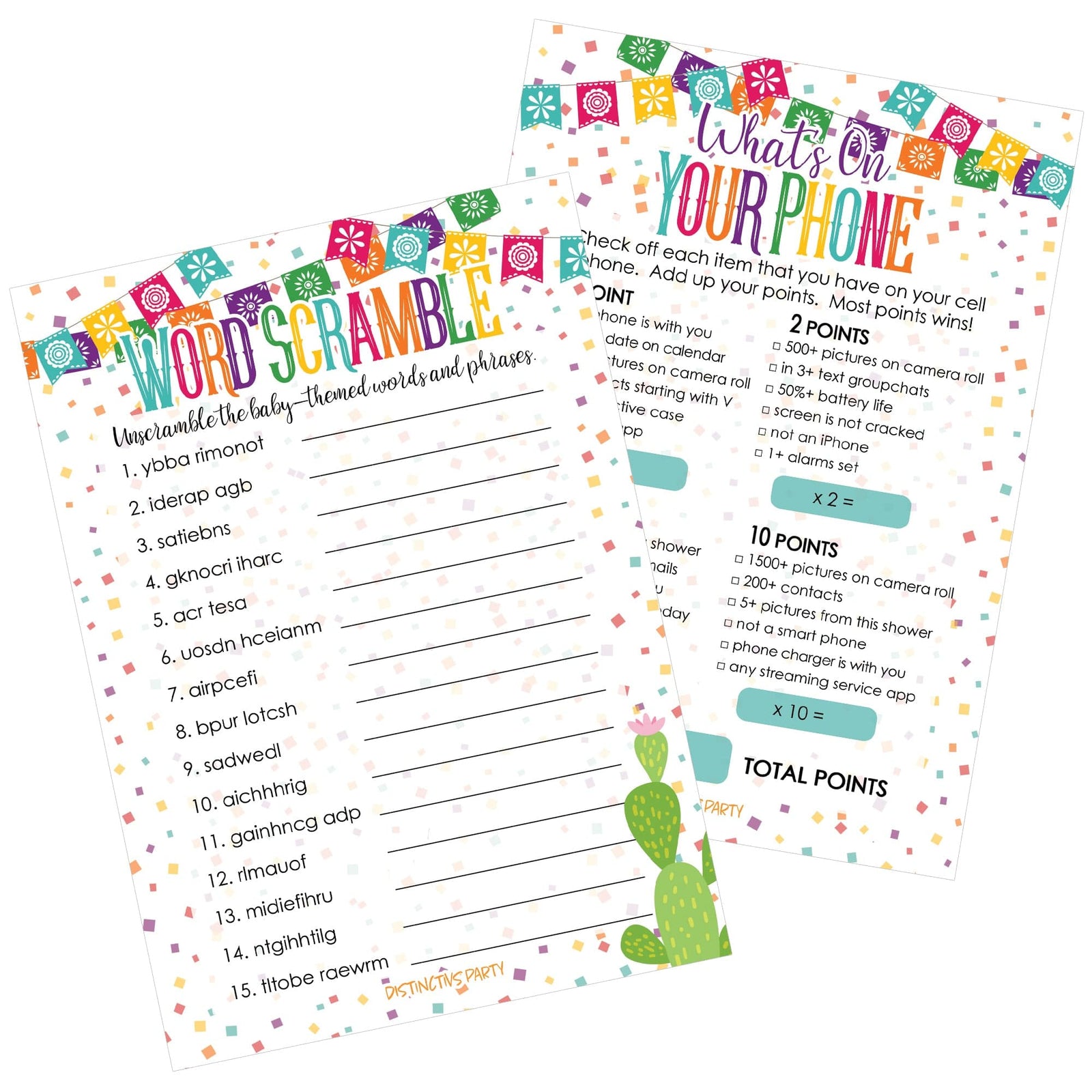 Taco 'Bout a Baby:  Baby Shower Game - What's On Your Phone and Word Scramble Game Bundle - 20 Dual Sided Cards - Distinctivs Party