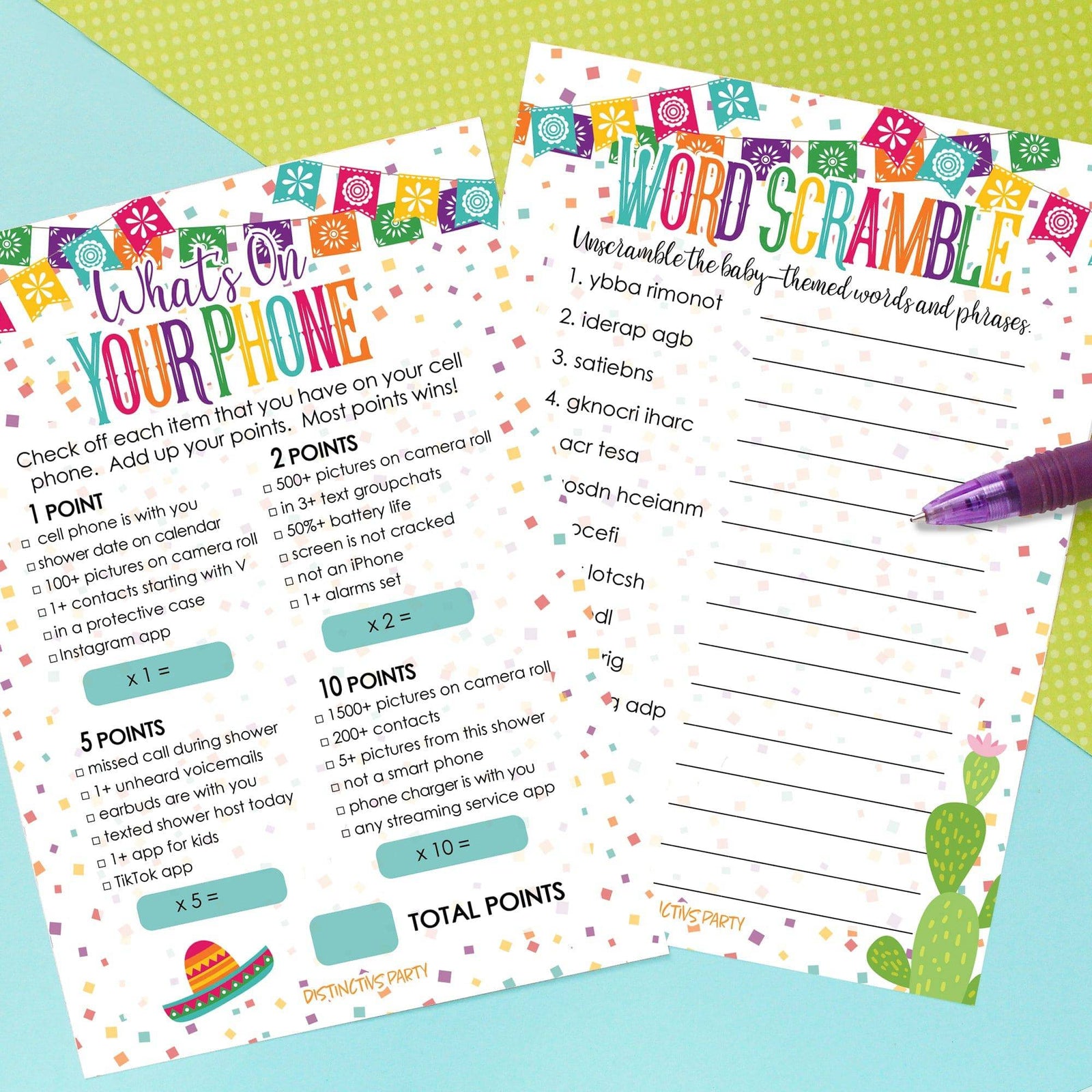 Taco 'Bout a Baby:  Baby Shower Game - What's On Your Phone and Word Scramble Game Bundle - 20 Dual Sided Cards - Distinctivs Party