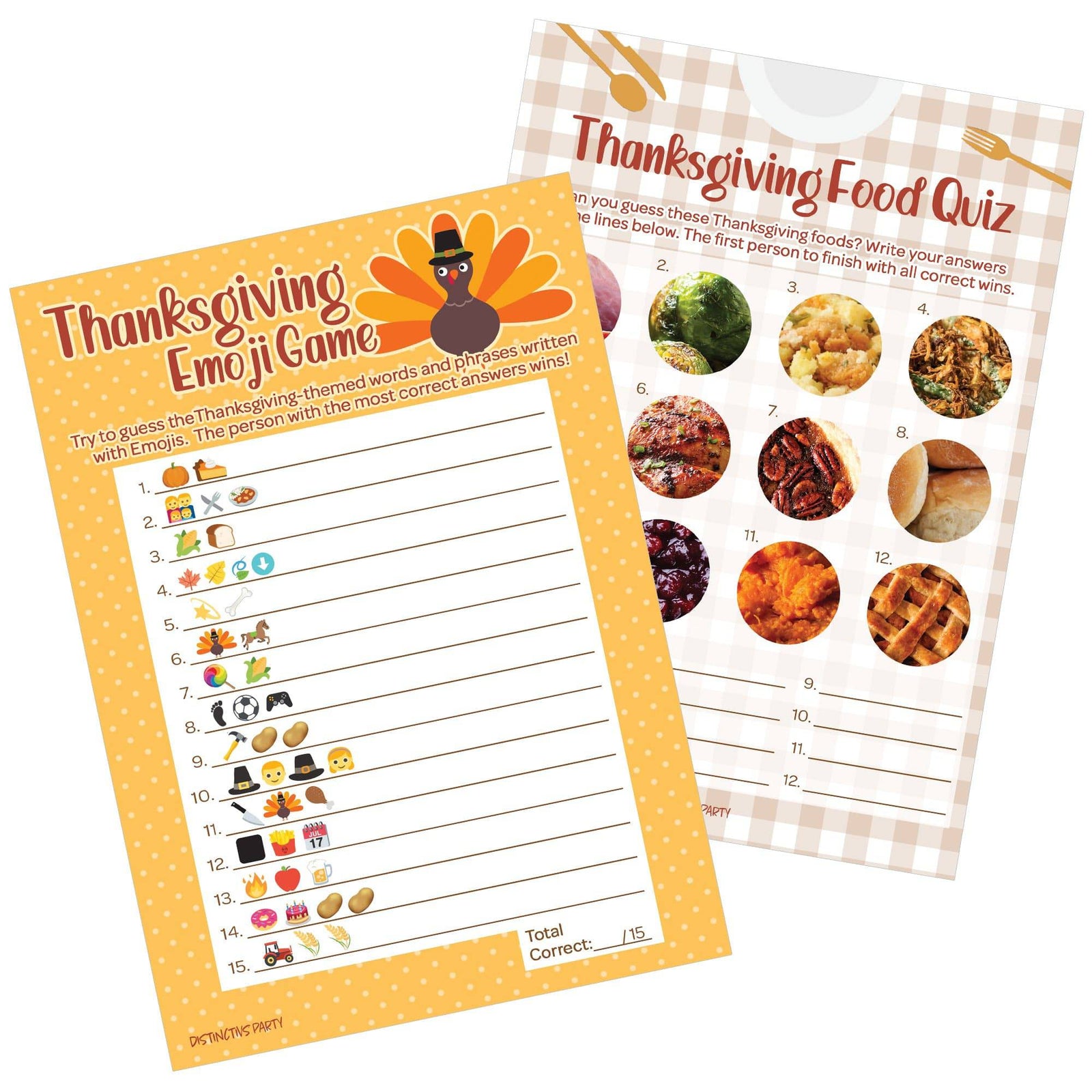 Thanksgiving Party Game Bundle - Emoji Guessing Game and Thanksgiving Food Quiz - 25 Dual-Sided Cards - Distinctivs Party