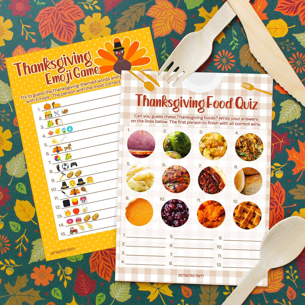 Thanksgiving Party Game Bundle - Emoji Guessing Game and Thanksgiving Food Quiz - 25 Dual-Sided Cards