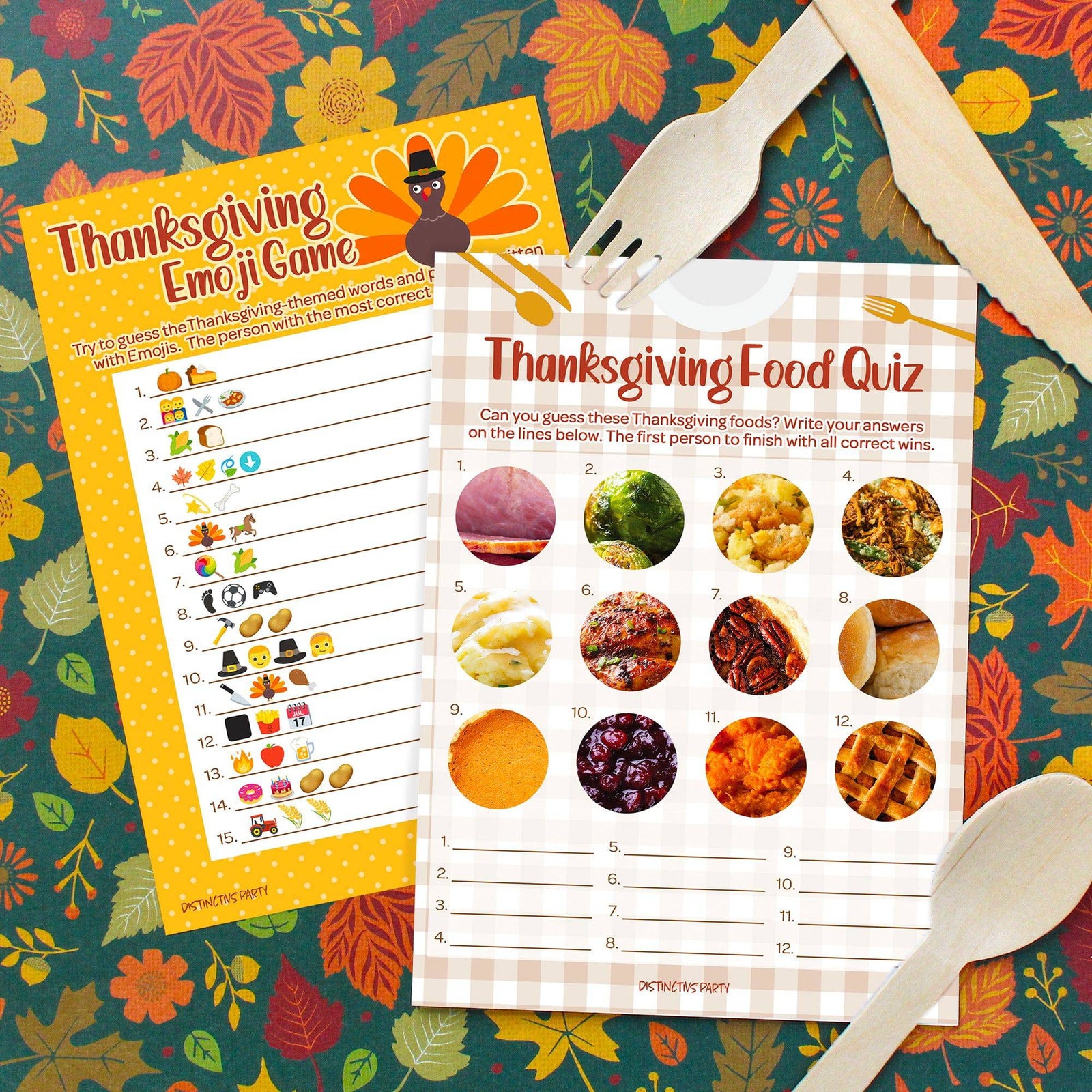 Thanksgiving Party Game Bundle - Emoji Guessing Game and Thanksgiving Food Quiz - 25 Dual-Sided Cards - Distinctivs Party
