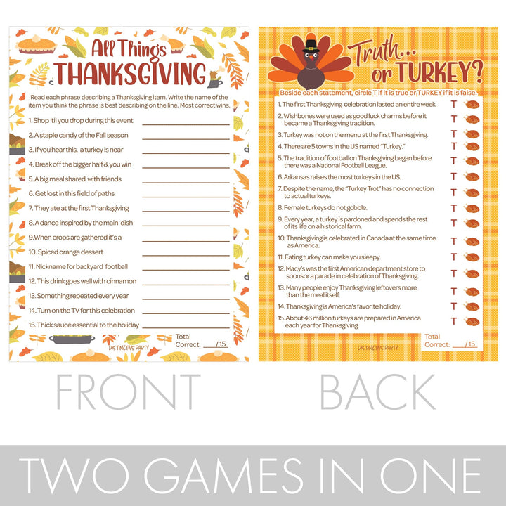 Thanksgiving Party Game Bundle - Truth or Turkey and All Things Thanksgiving Game - 25 Dual-Sided Game Cards