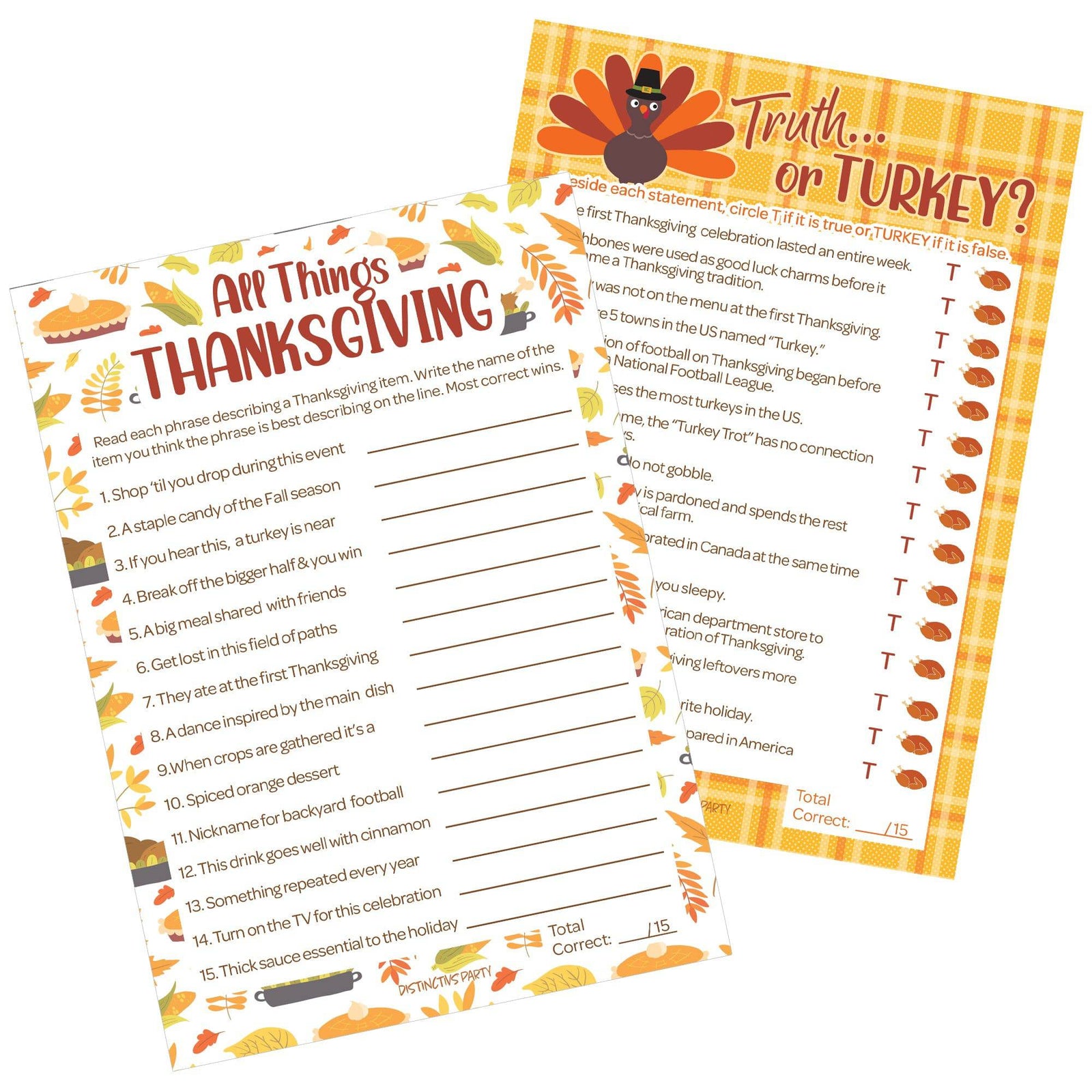 Thanksgiving Party Game Bundle - Truth or Turkey and All Things Thanksgiving Game - 25 Dual-Sided Game Cards - Distinctivs Party
