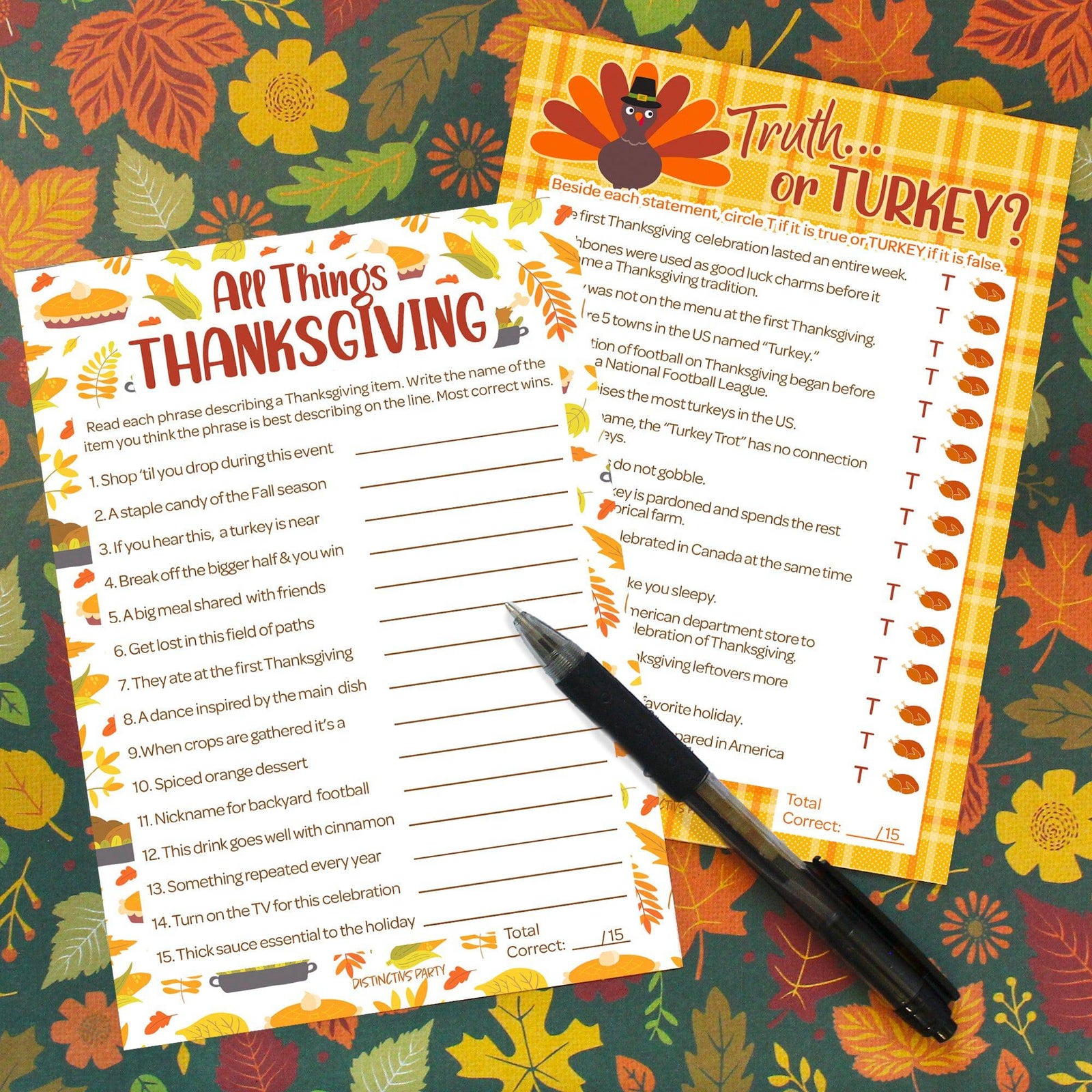 Thanksgiving Party Game Bundle - Truth or Turkey and All Things Thanksgiving Game - 25 Dual-Sided Game Cards - Distinctivs Party
