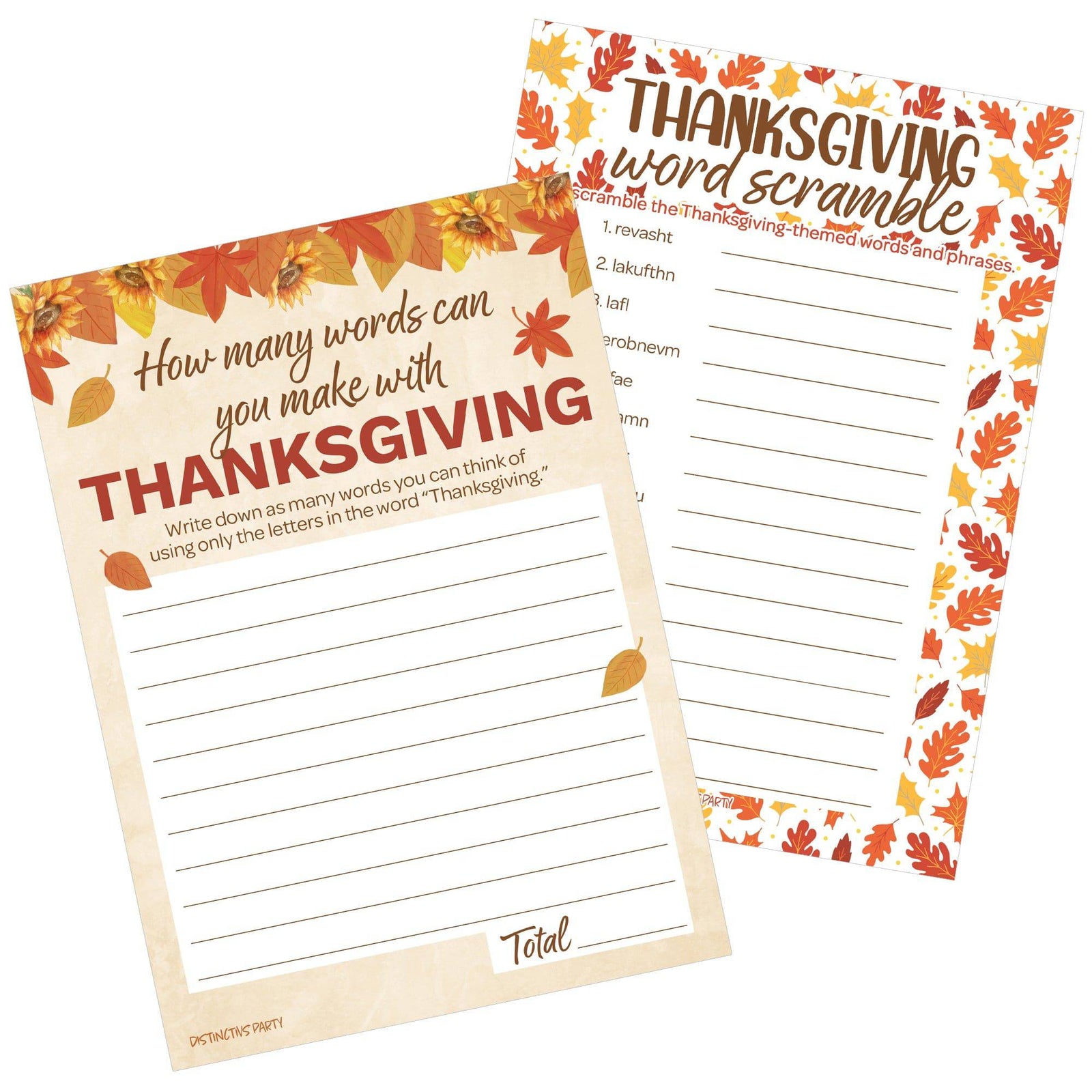 Thanksgiving Party Game Bundle – Word Scramble and How Many Thanksgiving Words Anagram – 25 Dual-Sided Game Cards - Distinctivs Party