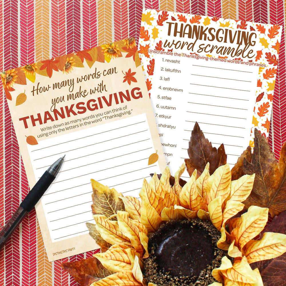 Thanksgiving Party Game Bundle – Word Scramble and How Many Thanksgiving Words Anagram – 25 Dual-Sided Game Cards