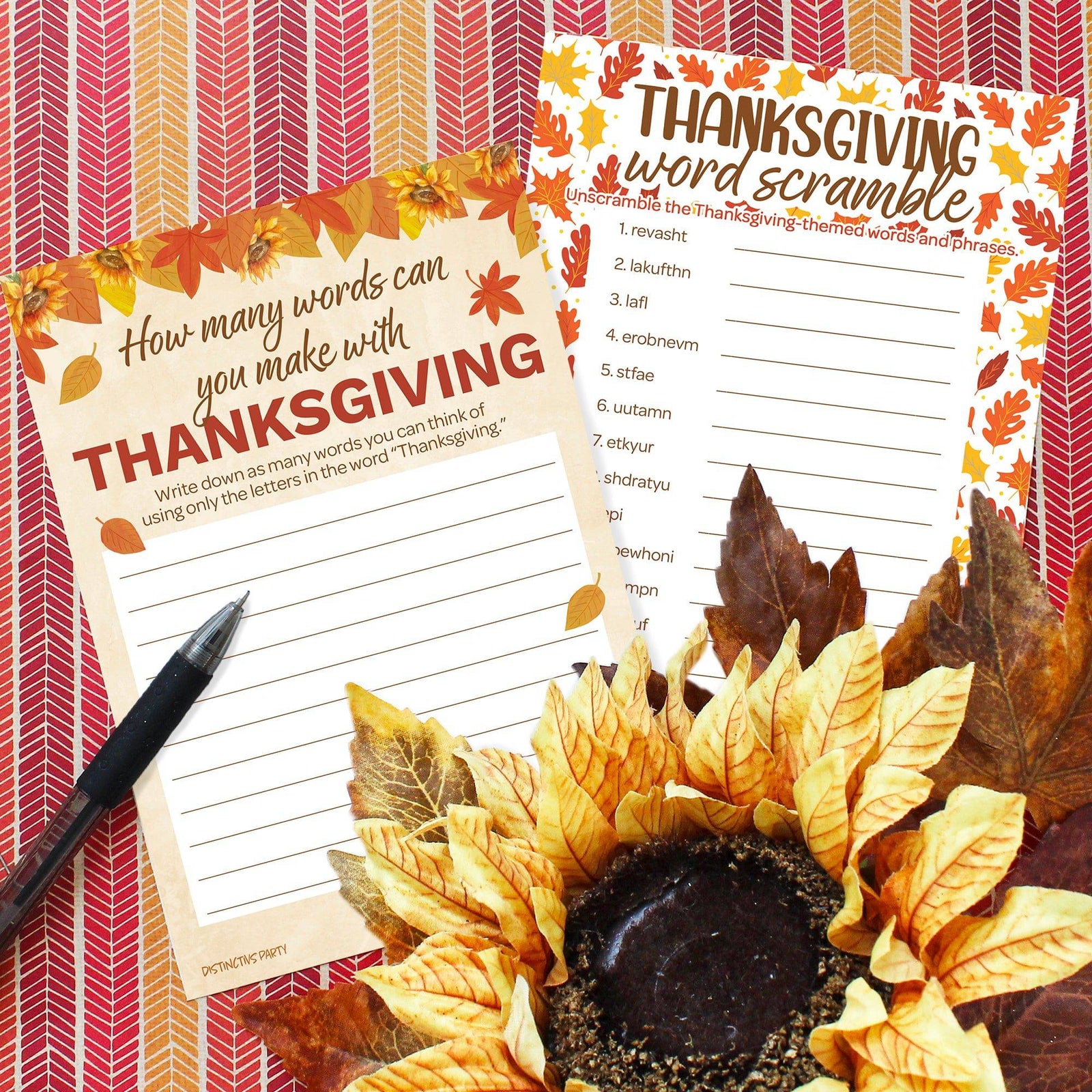 Thanksgiving Party Game Bundle – Word Scramble and How Many Thanksgiving Words Anagram – 25 Dual-Sided Game Cards - Distinctivs Party