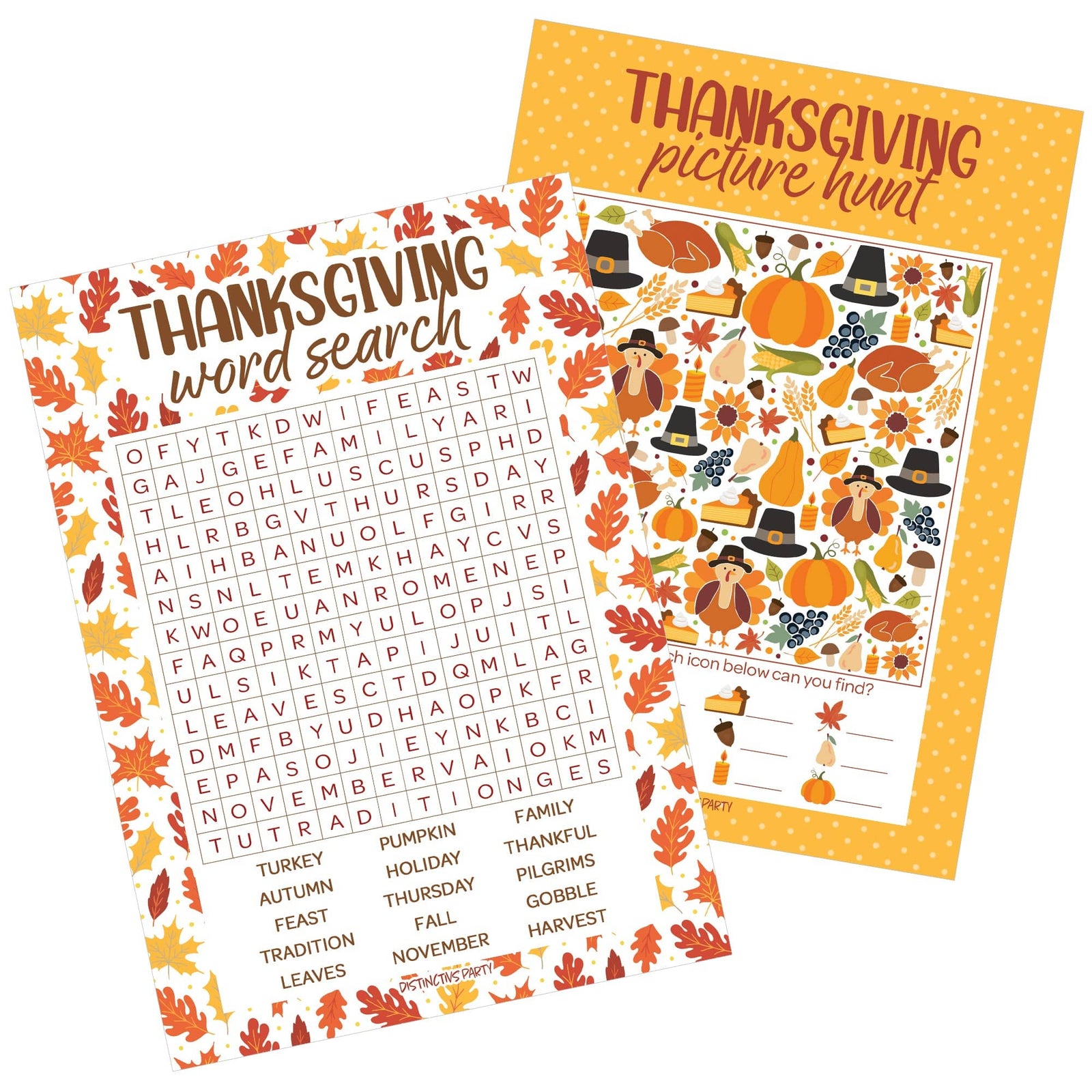 Thanksgiving Party Game Bundle - Word Search and I Spy Picture Hunt - 25 Dual-Sided Cards - Distinctivs Party