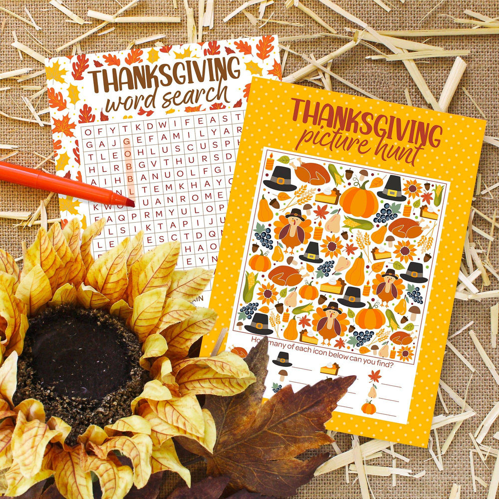 Thanksgiving Party Game Bundle - Word Search and I Spy Picture Hunt - 25 Dual-Sided Cards