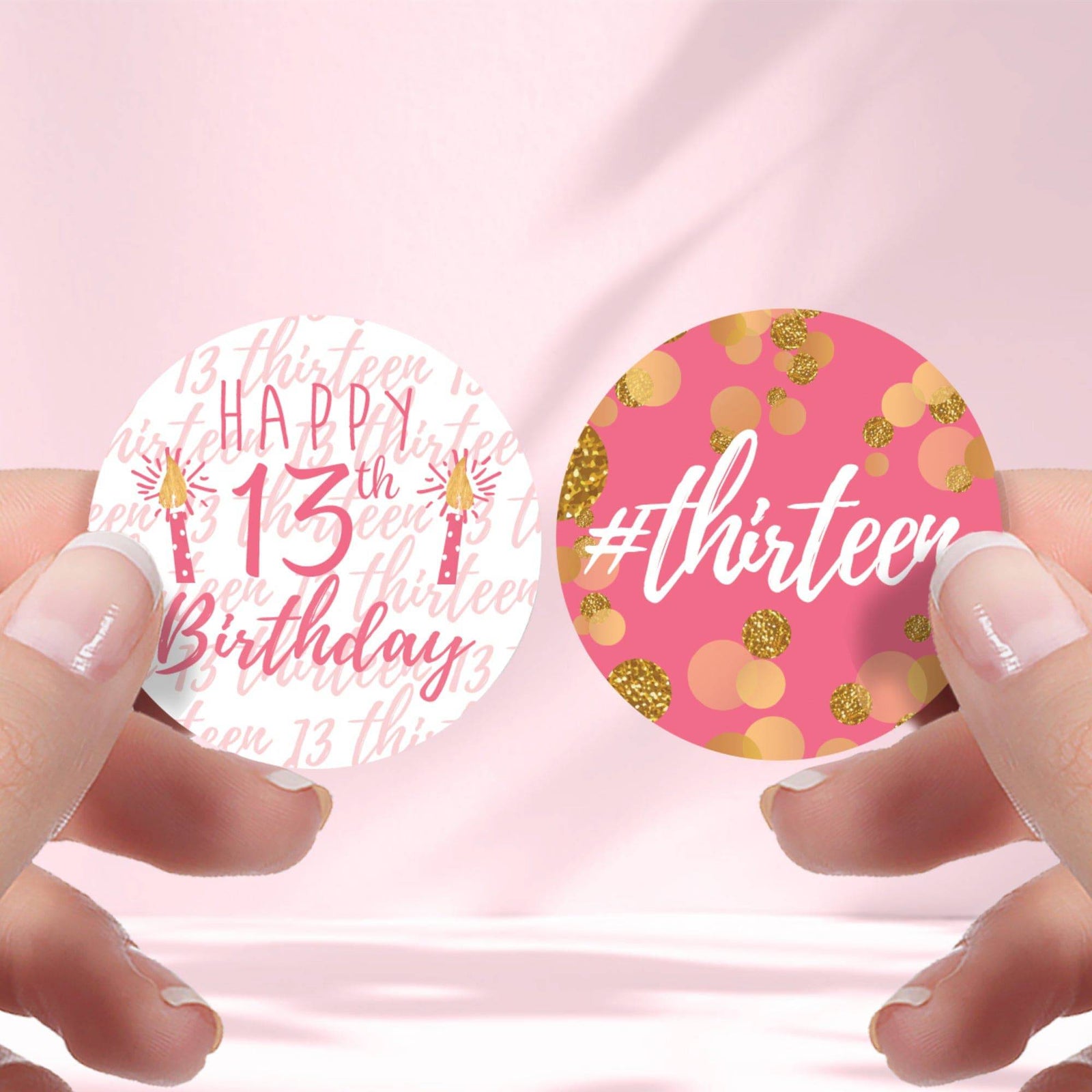 Thirteenth Birthday: Gold Confetti Pink & Gold - Party Favor Labels - 40 Stickers - Distinctivs Party