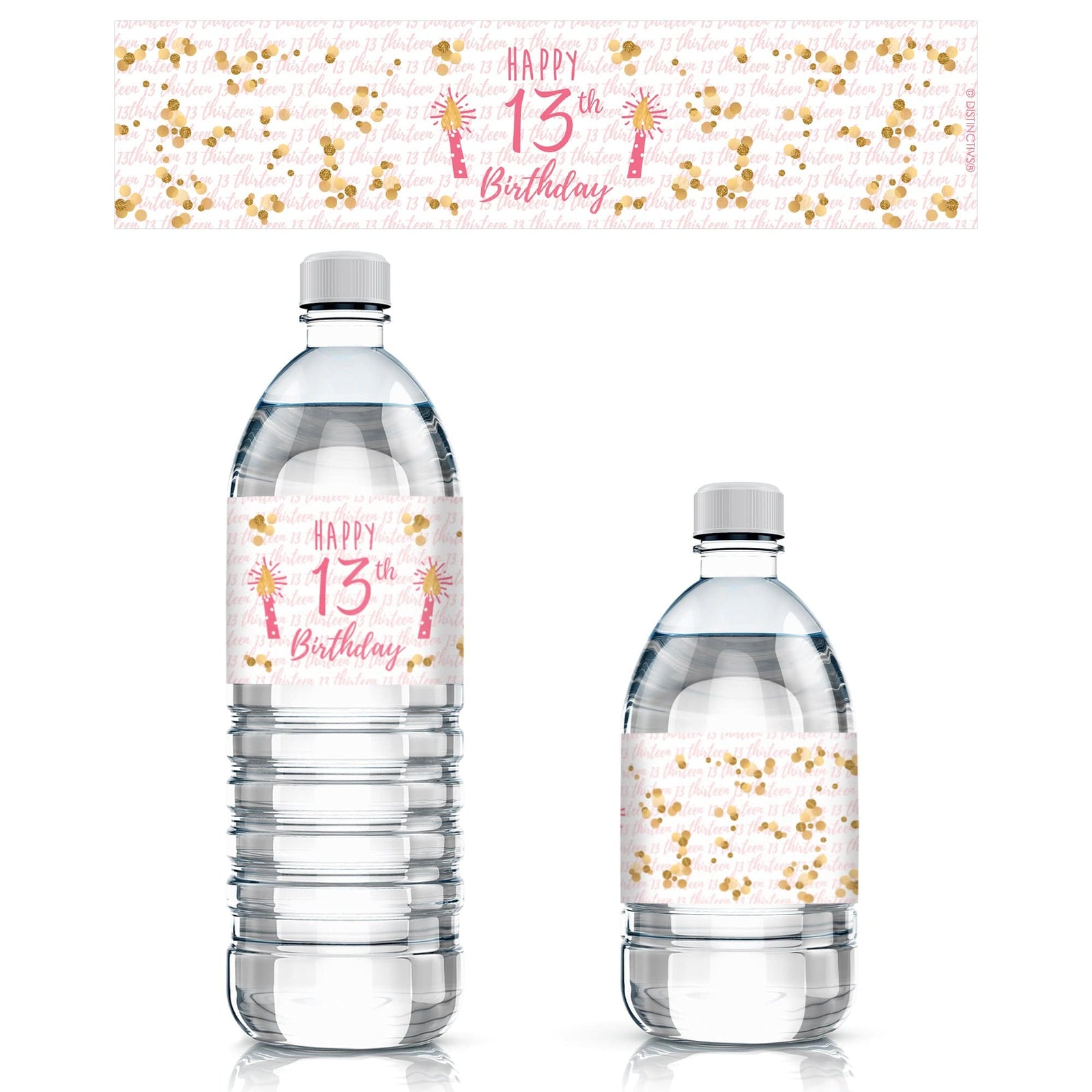 Thirteenth Birthday: Gold Confetti Pink & Gold - Water Bottle Labels - 24 Waterproof Stickers - Distinctivs Party