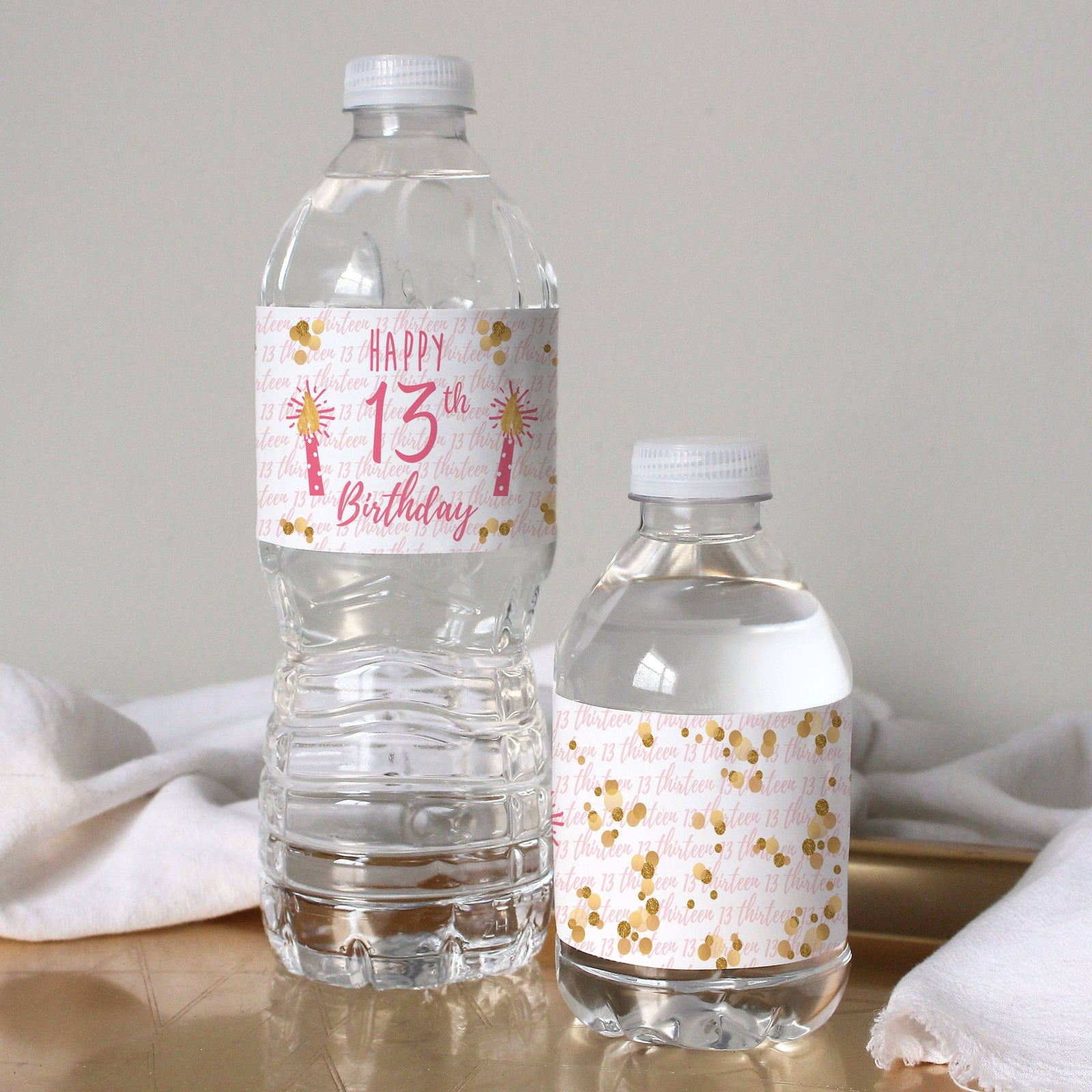 Thirteenth Birthday: Gold Confetti Pink & Gold - Water Bottle Labels - 24 Waterproof Stickers - Distinctivs Party