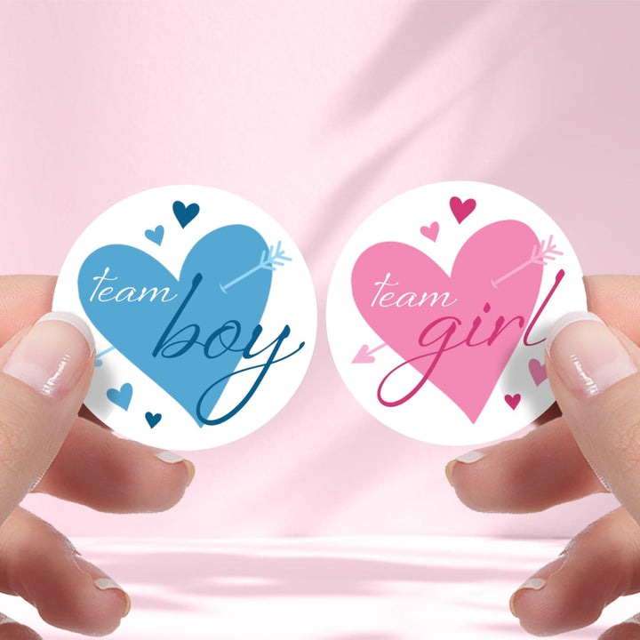 Valentine's Day Gender Reveal Stickers: Blue & Pink Hearts - Team He or Team She Stickers - 40 Stickers