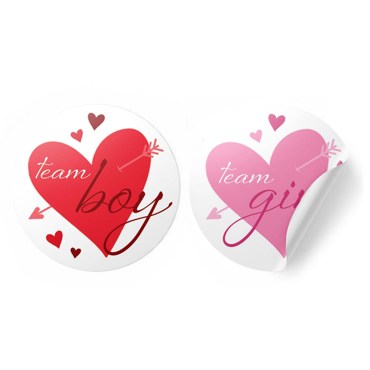 Valentine's Day Gender Reveal Stickers: Red & Pink Hearts - Team He or Team She Stickers - 40 Stickers - Distinctivs Party