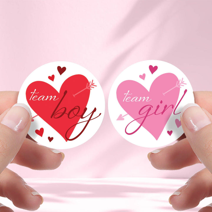Valentine's Day Gender Reveal Stickers: Red & Pink Hearts - Team He or Team She Stickers - 40 Stickers - Distinctivs Party