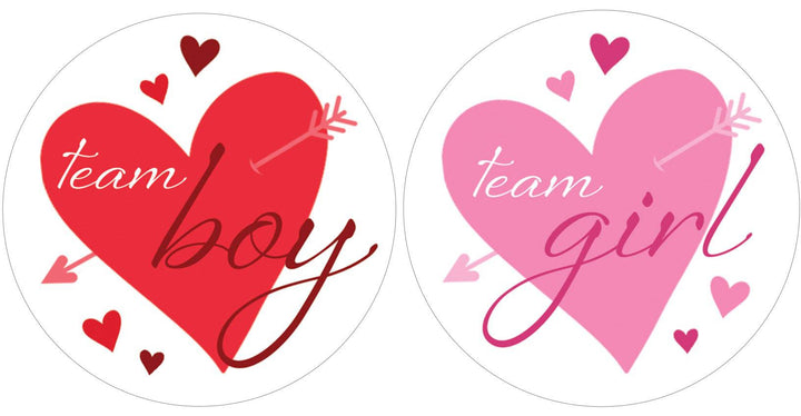 Valentine's Day Gender Reveal Stickers: Red & Pink Hearts - Team He or Team She Stickers - 40 Stickers - Distinctivs Party