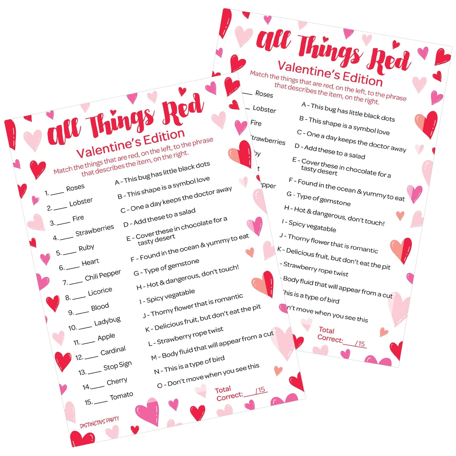 Valentine's Day Party Games: All Things Red - Classroom Party Game - 25 Player Cards - Distinctivs Party