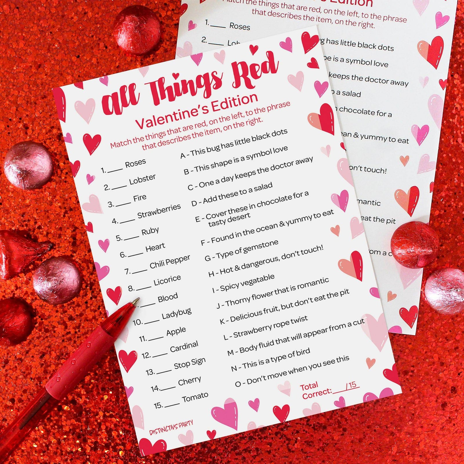 Valentine's Day Party Games: All Things Red - Classroom Party Game - 25 Player Cards - Distinctivs Party