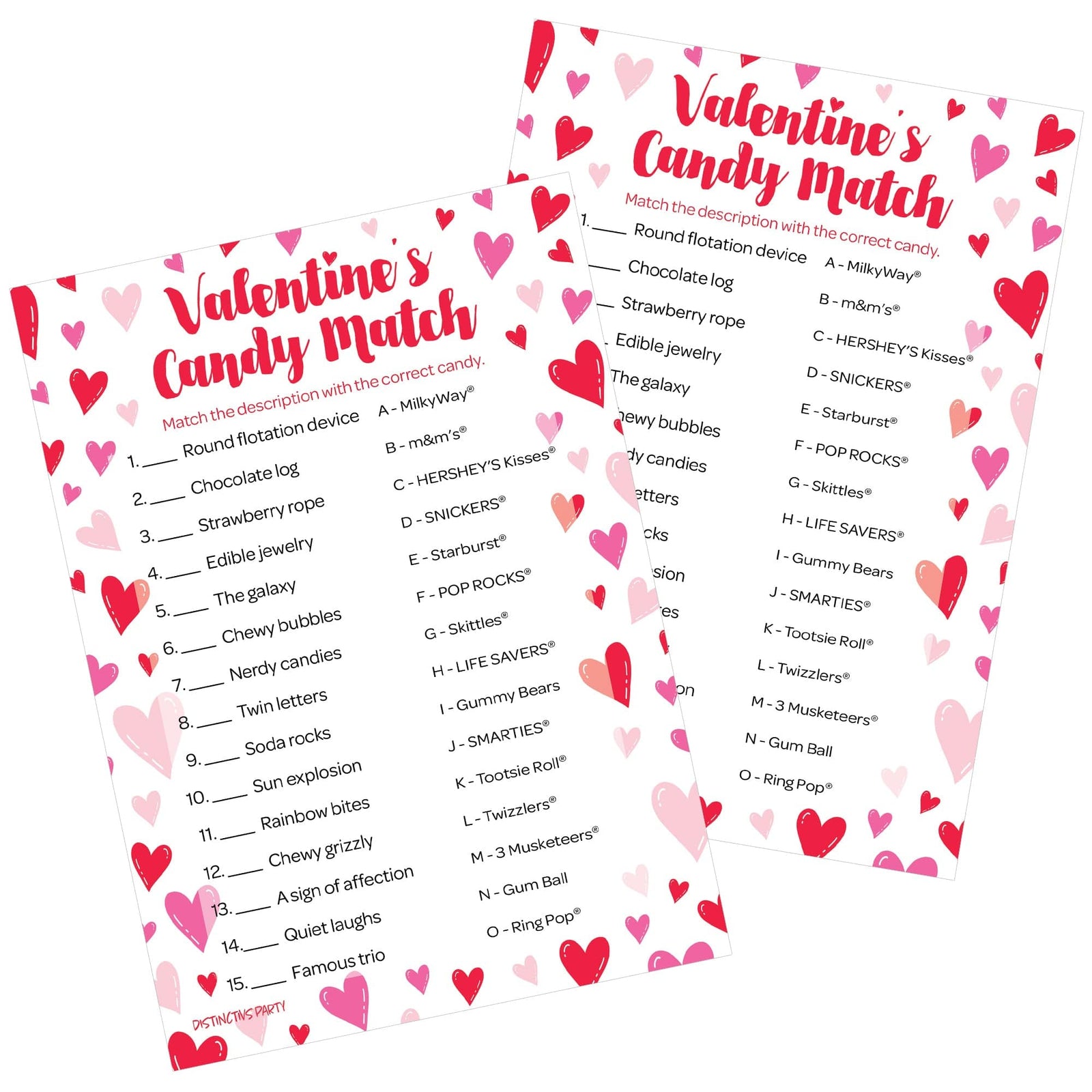 Valentine's Day Party Games: Candy Match - Classroom Party Game - 25 Player Cards - Distinctivs Party