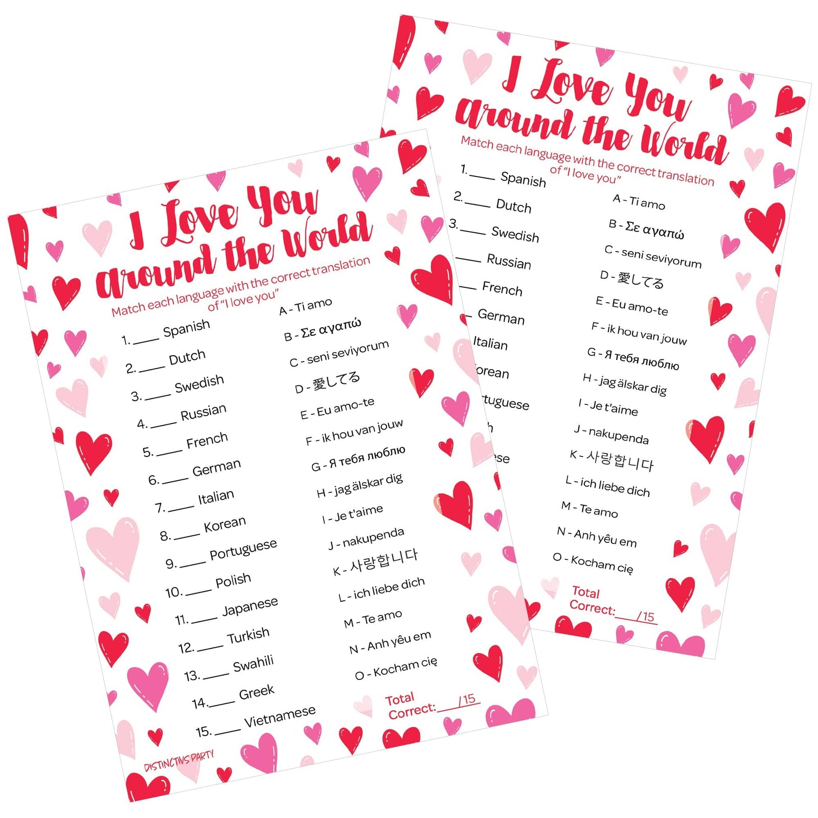Valentine's Day Party Games: I Love You Around the World - Classroom Party Game - 25 Player Cards - Distinctivs Party