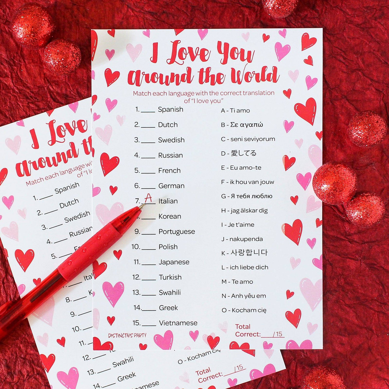 Valentine's Day Party Games: I Love You Around the World - Classroom Party Game - 25 Player Cards - Distinctivs Party
