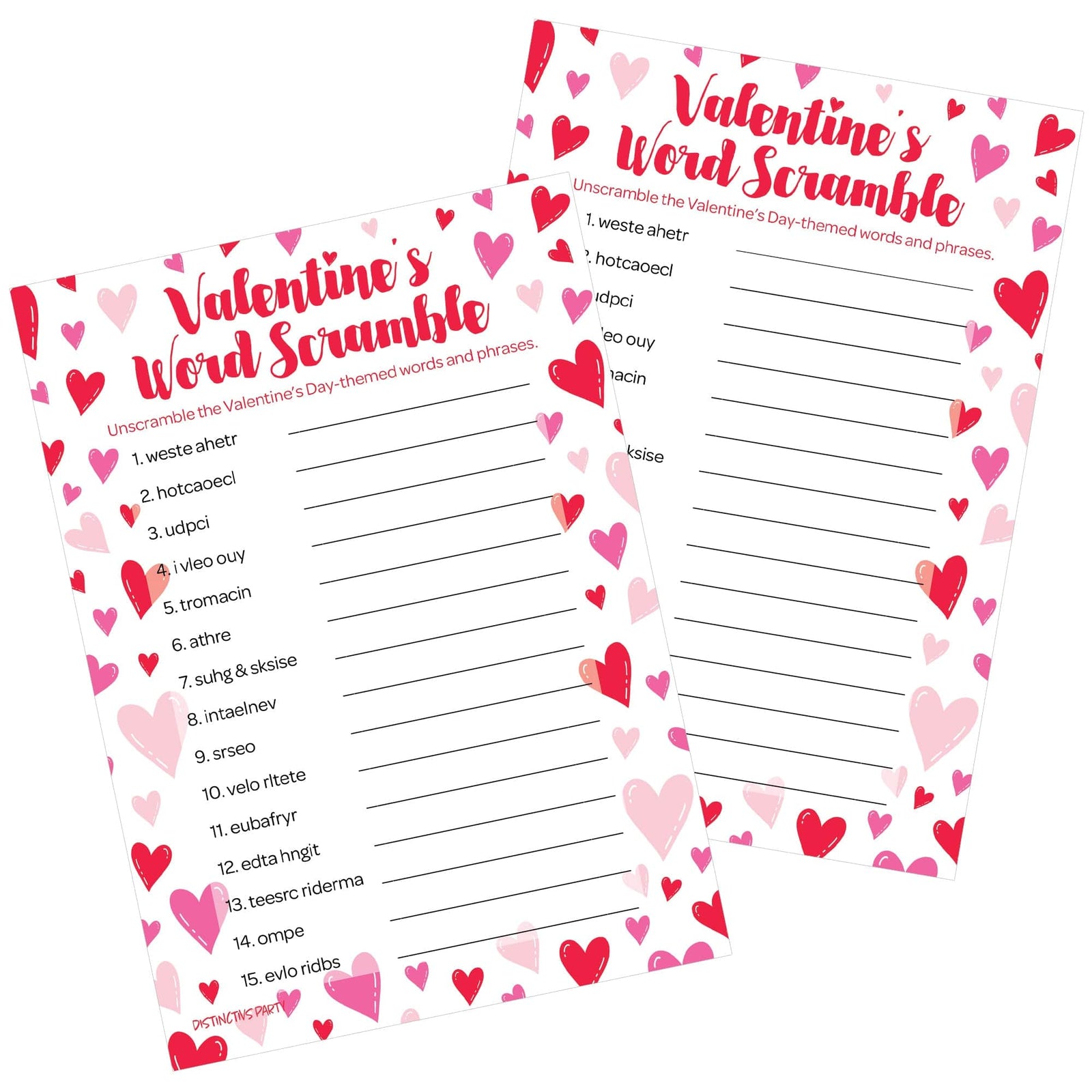 Valentine's Day Party Games: Word Scramble - Classroom Party Game - 25 Player Cards - Distinctivs Party