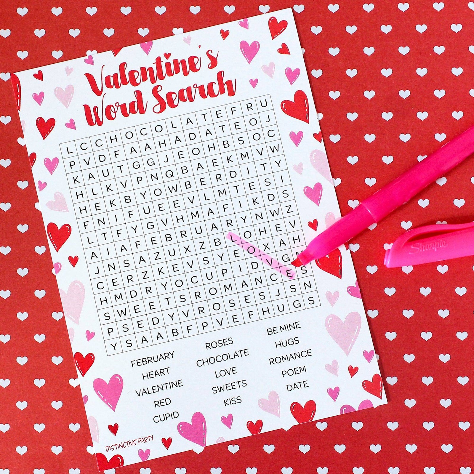 Valentine's Day Party Games: Word Search - Classroom Party Game - 25 Player Cards - Distinctivs Party