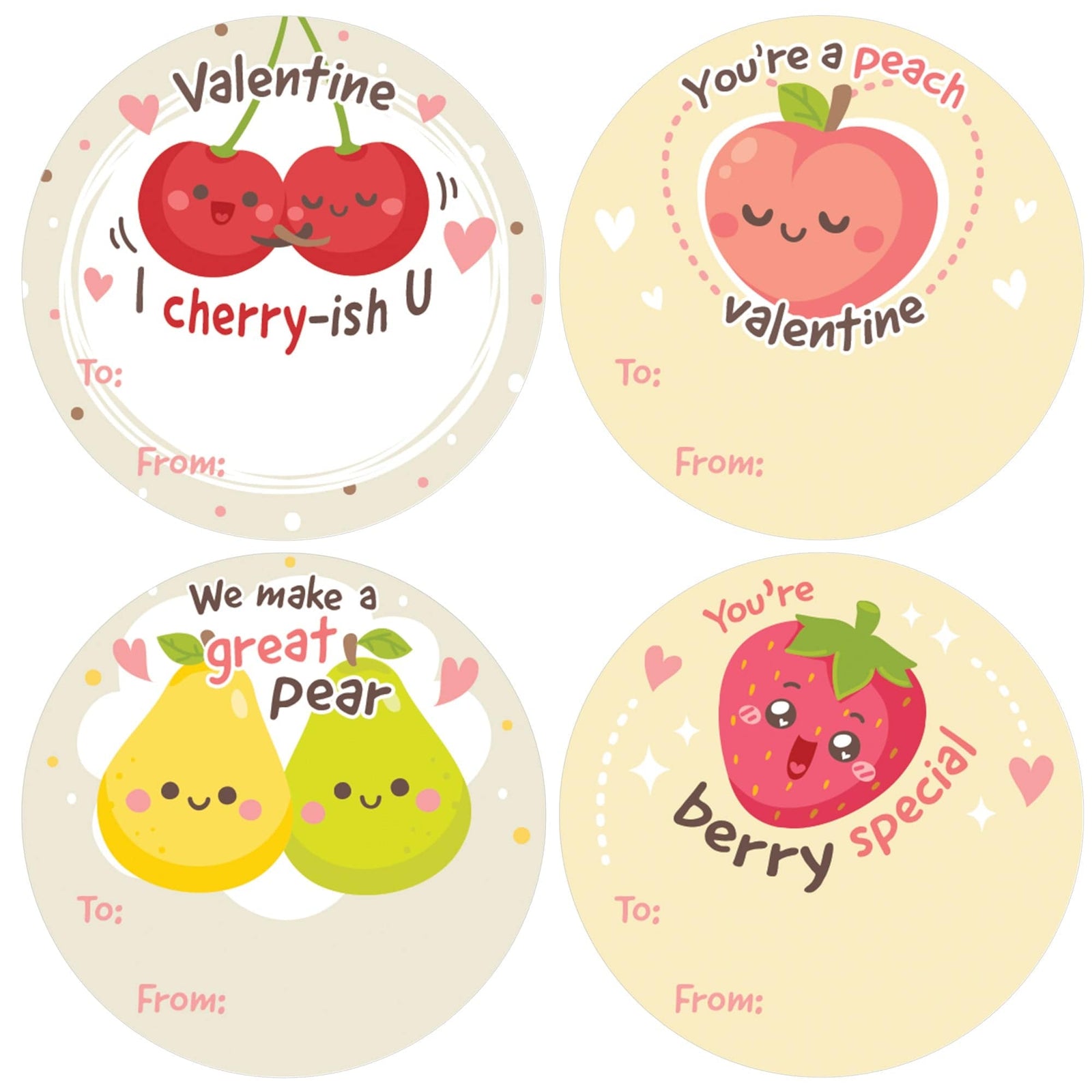 Valentine's Day Treat Stickers: Cute Fruit - 40 Circle Stickers - Distinctivs Party