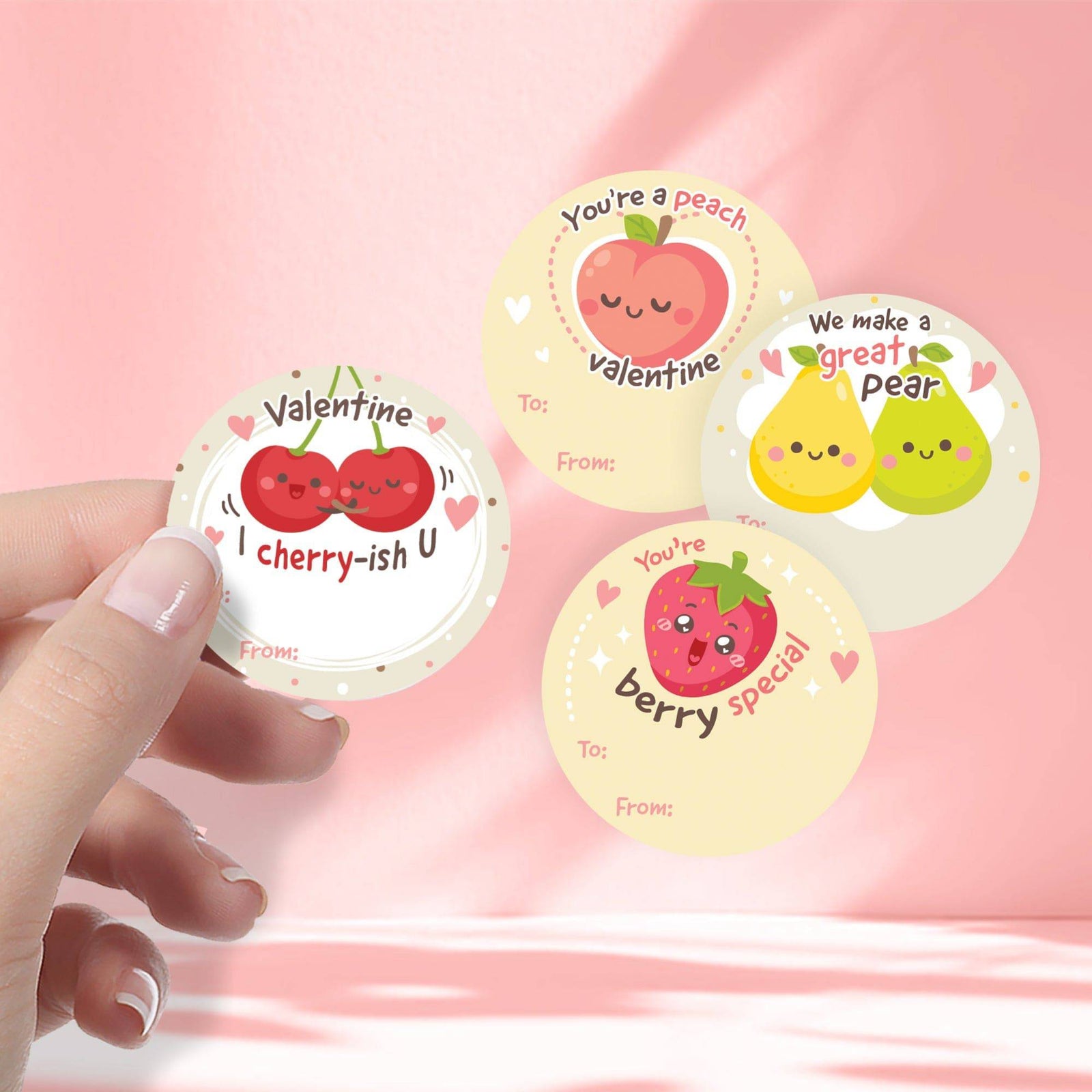 Valentine's Day Treat Stickers: Cute Fruit - 40 Circle Stickers - Distinctivs Party