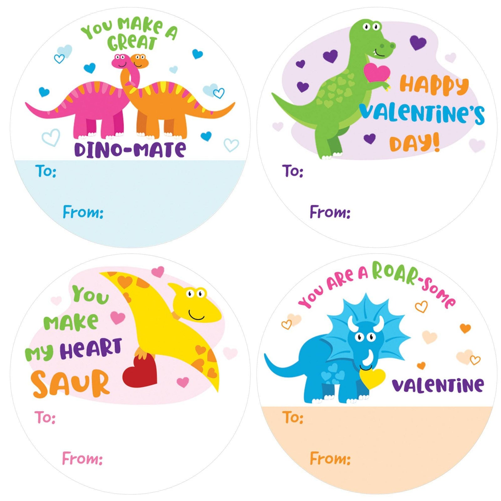 Valentine's Day Treat Stickers: Dinosaur - 40 Circle Stickers - Distinctivs Party