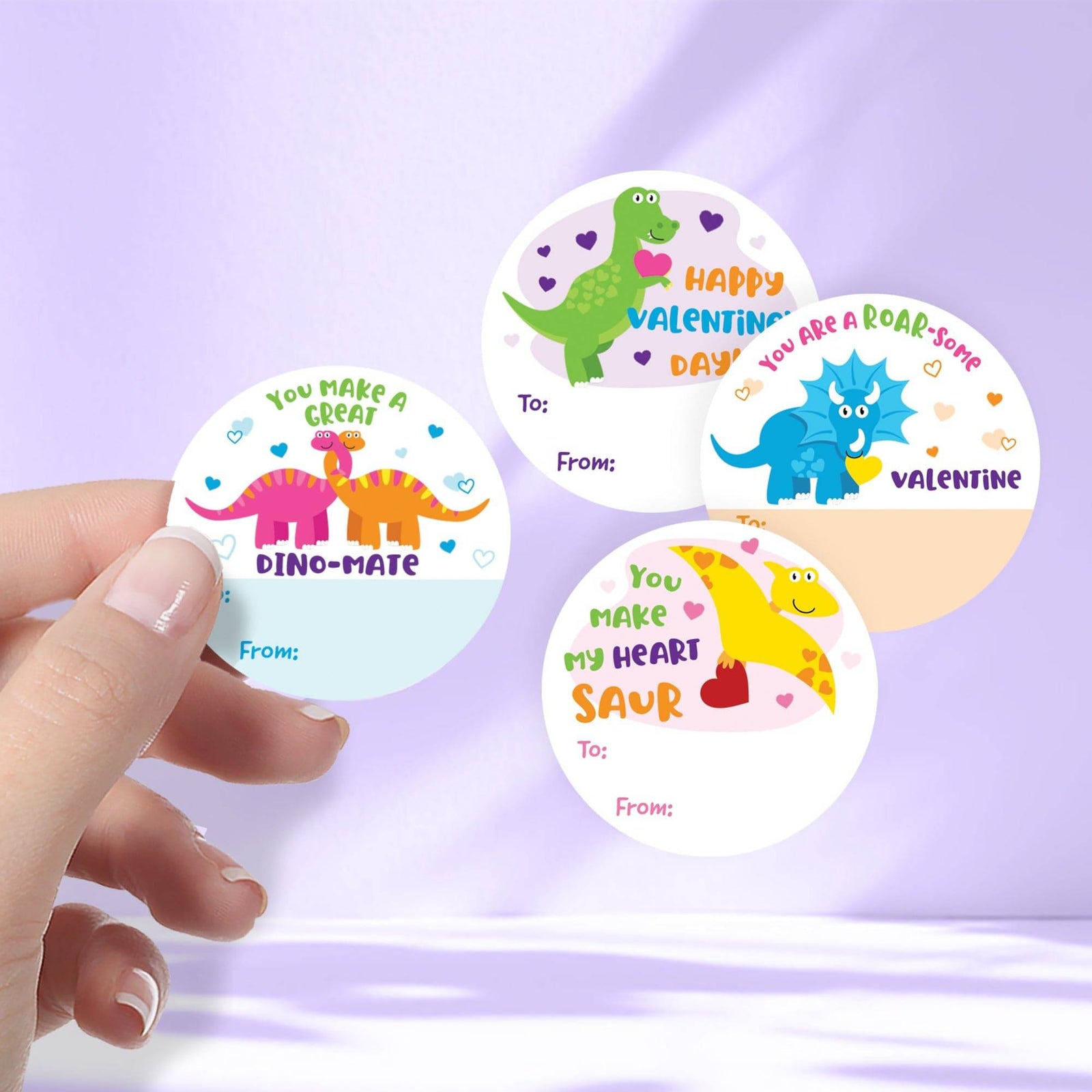 Valentine's Day Treat Stickers: Dinosaur - 40 Circle Stickers - Distinctivs Party