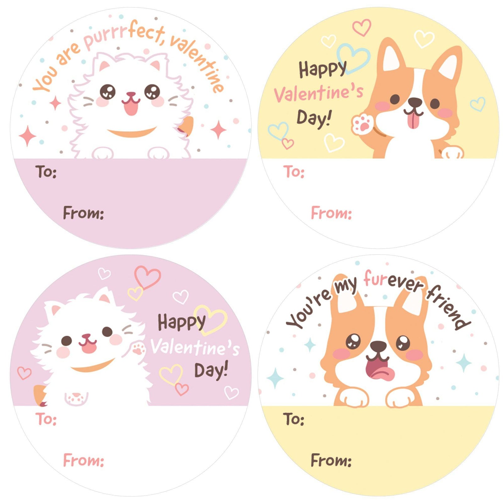 Valentine's Day Treat Stickers: Dogs and Cats- 40 Circle Stickers - Distinctivs Party
