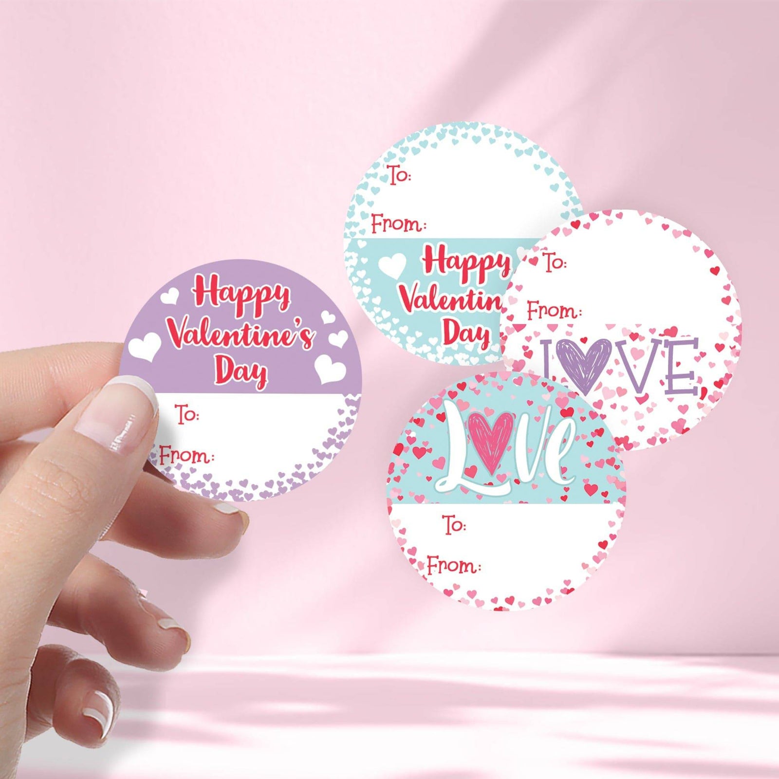 Valentine's Day Treat Stickers: Happy Valentine's Day Pastels - 40 Circle Stickers - Distinctivs Party