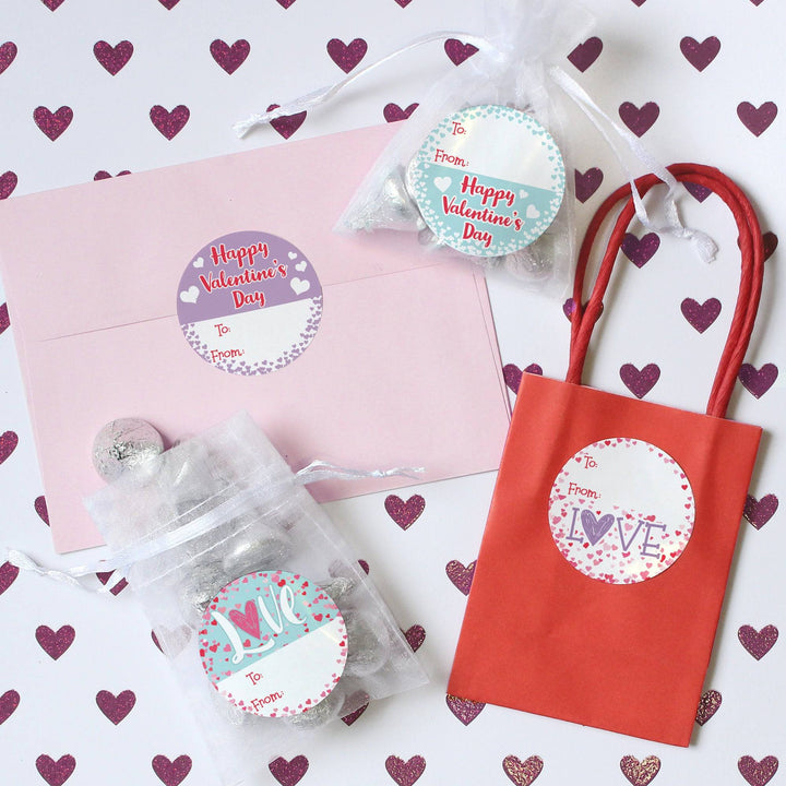 Valentine's Day Treat Stickers: Happy Valentine's Day Pastels - 40 Circle Stickers - Distinctivs Party