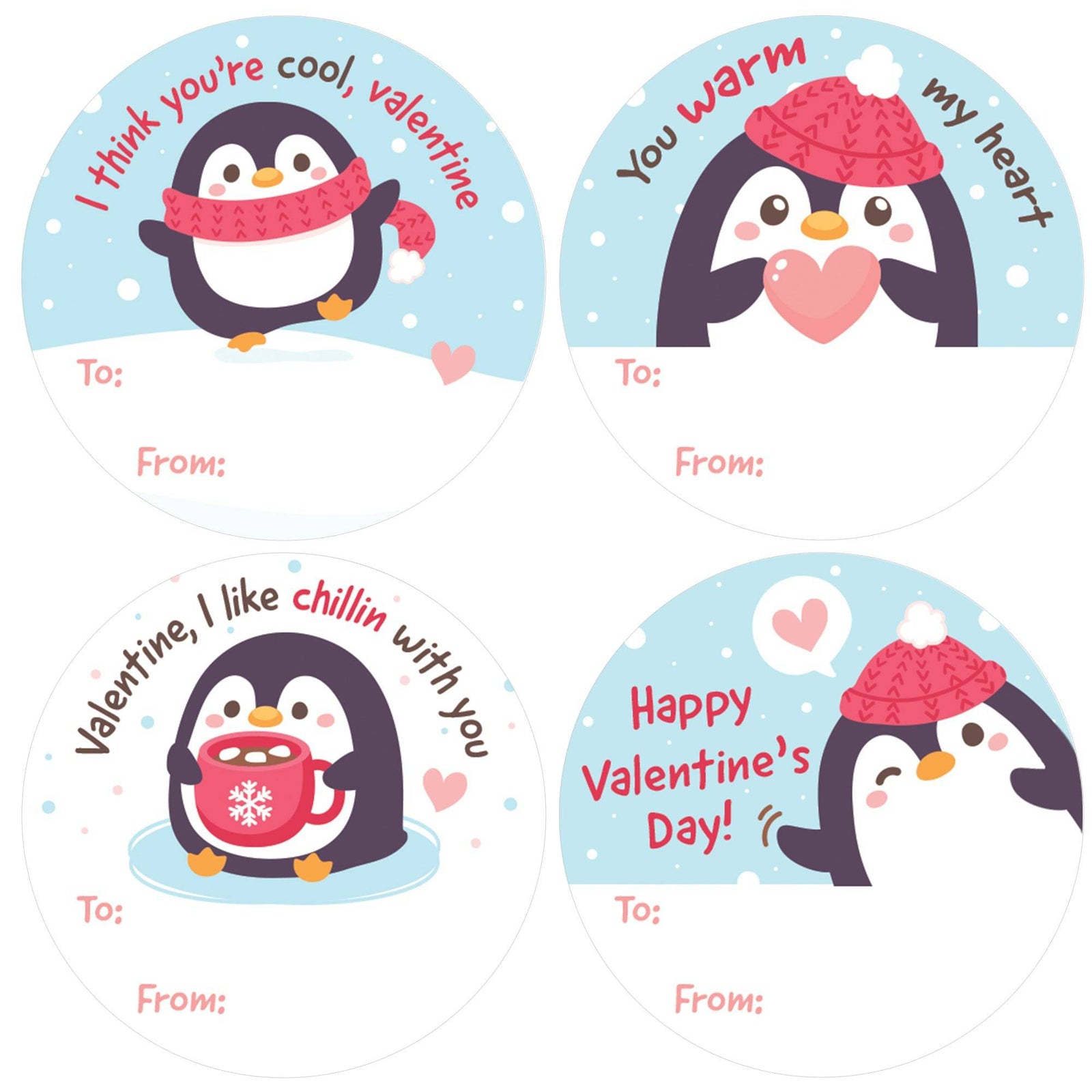 Valentine's Day Treat Stickers: Penguins - 40 Circle Stickers - Distinctivs Party