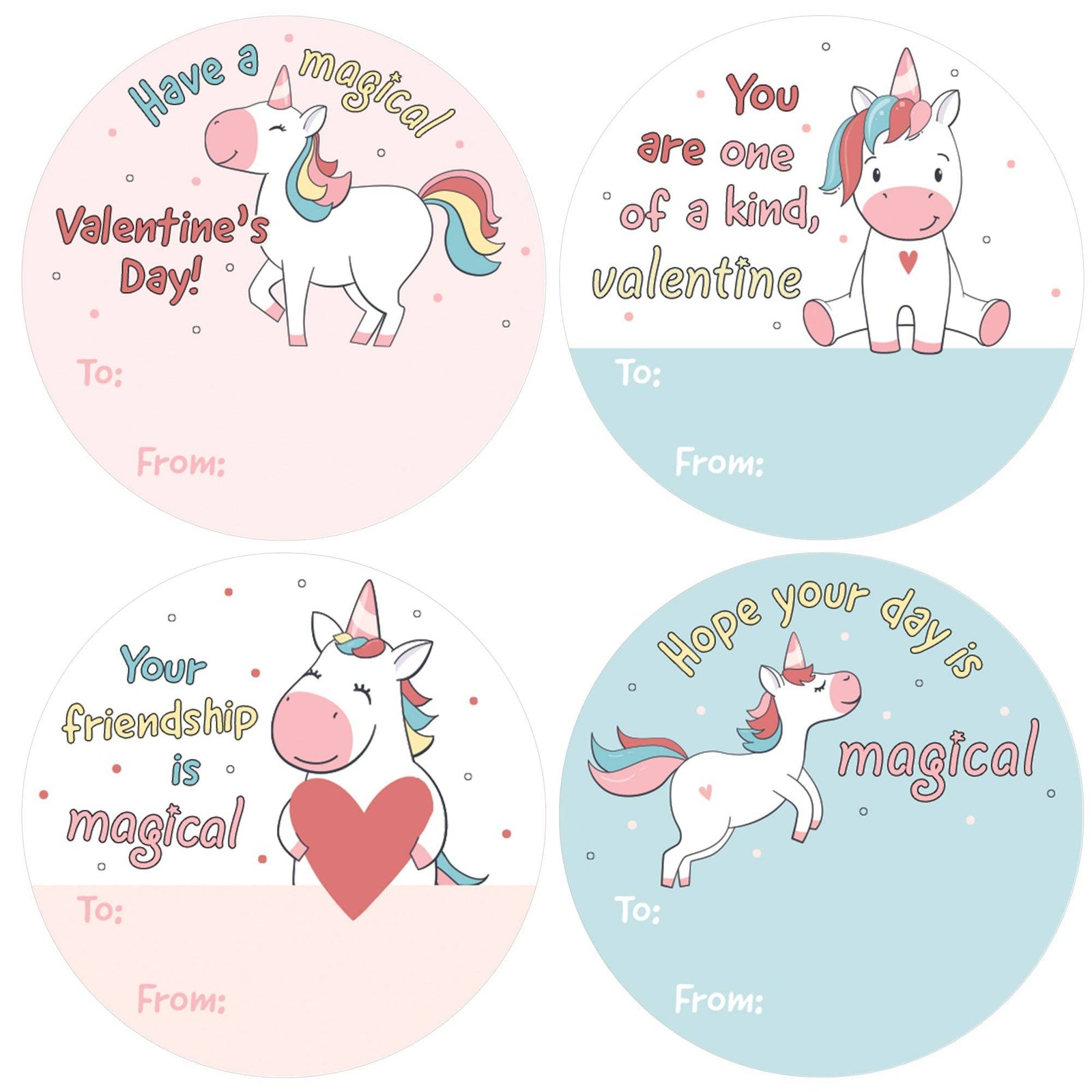 Valentine's Day Treat Stickers: Unicorn - 40 Circle Stickers - Distinctivs Party