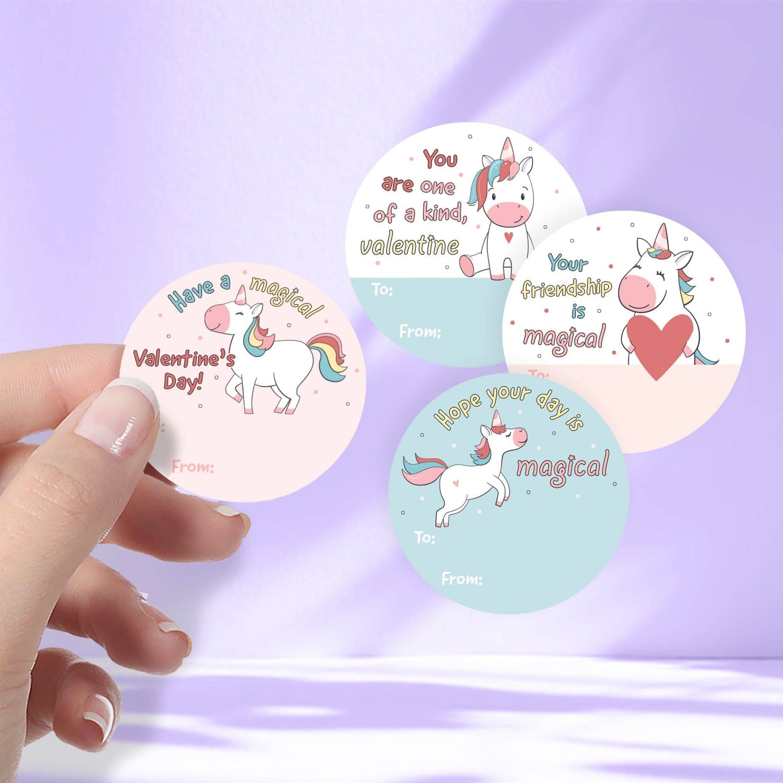Valentine's Day Treat Stickers: Unicorn - 40 Circle Stickers - Distinctivs Party