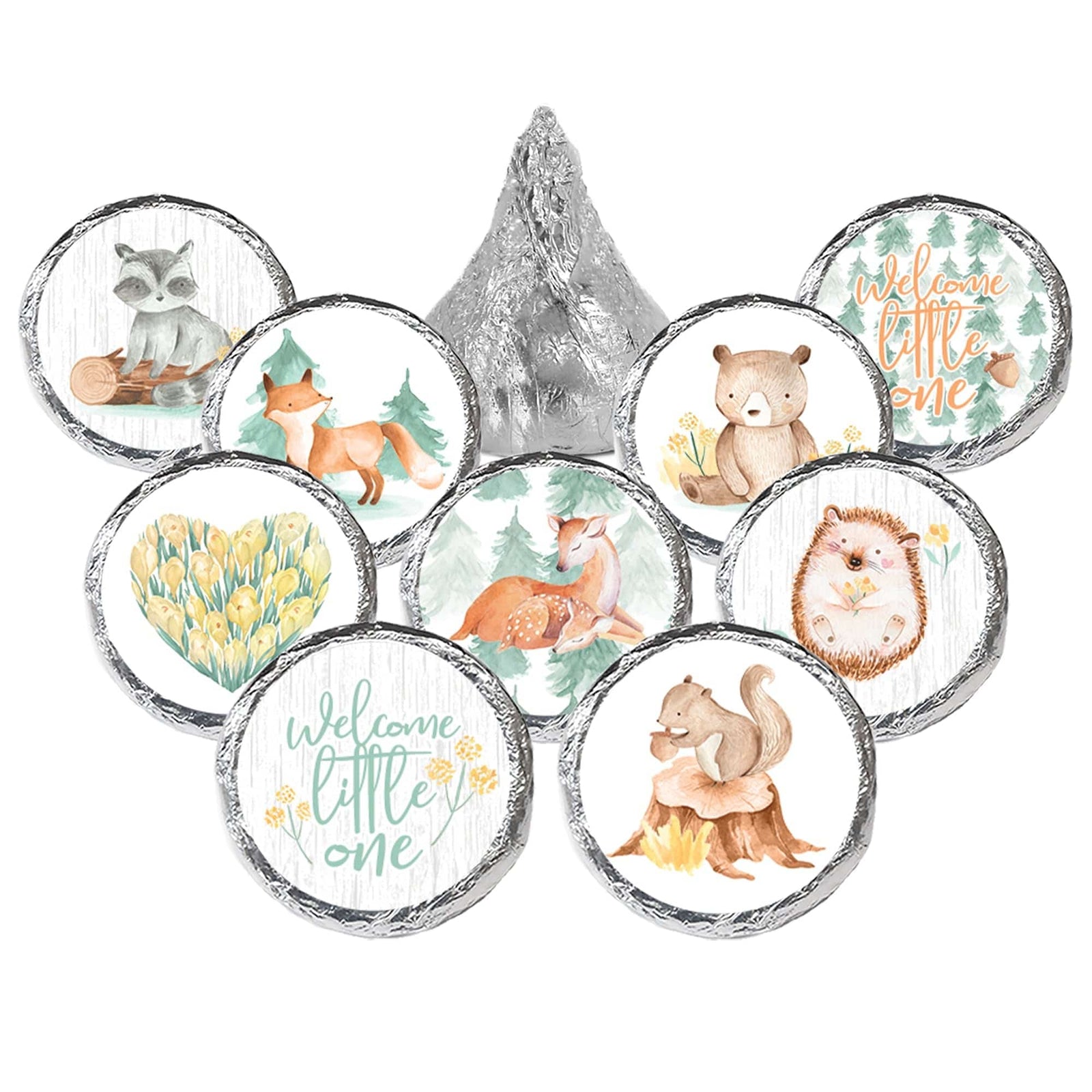 Watercolor Woodland Baby Shower Stickers - Fits on Hershey's Kisses - 180 Pack - Distinctivs Party