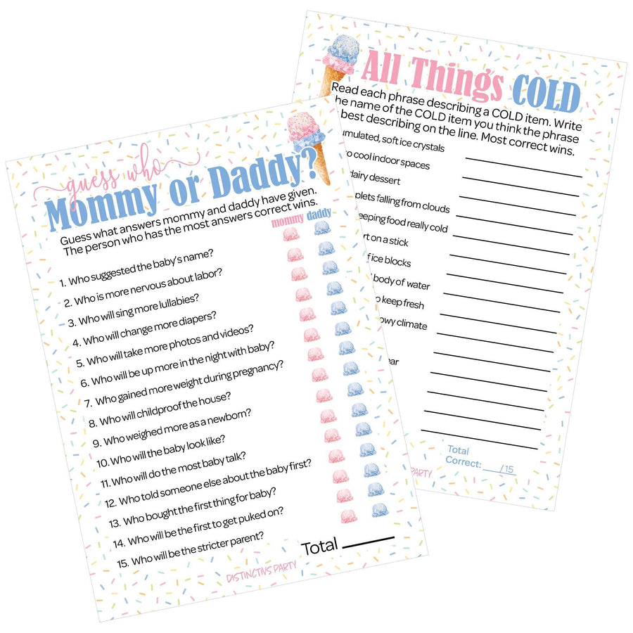 What's the Scoop:  Ice Cream - Gender Reveal Party Game - "Guess Who" Mommy or Daddy and All Things Cold  Two Game Bundle - 20 Dual Sided Cards - Distinctivs Party