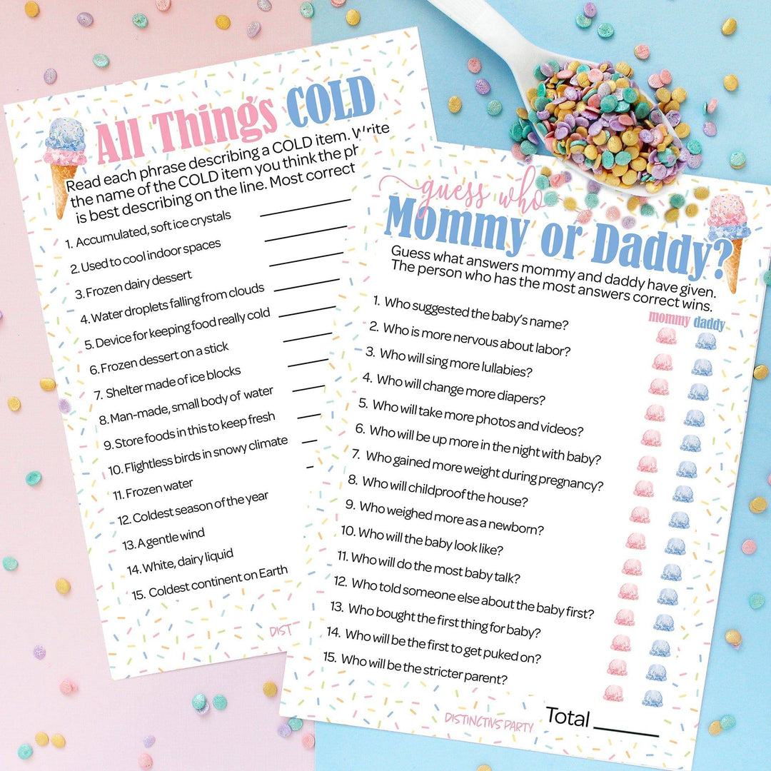 What's the Scoop:  Ice Cream - Gender Reveal Party Game - "Guess Who" Mommy or Daddy and All Things Cold  Two Game Bundle - 20 Dual Sided Cards