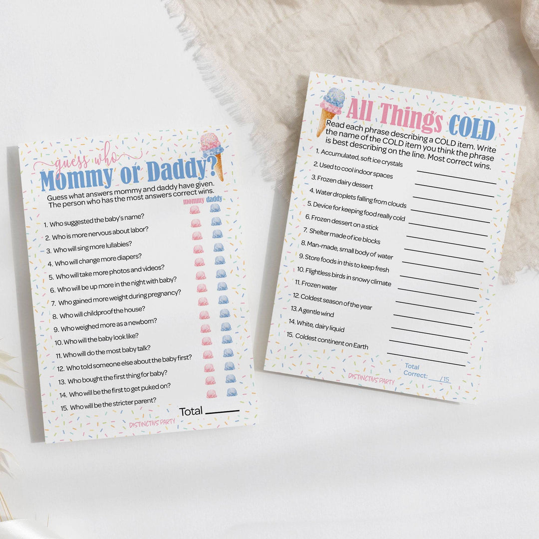 What's the Scoop:  Ice Cream - Gender Reveal Party Game - "Guess Who" Mommy or Daddy and All Things Cold  Two Game Bundle - 20 Dual Sided Cards