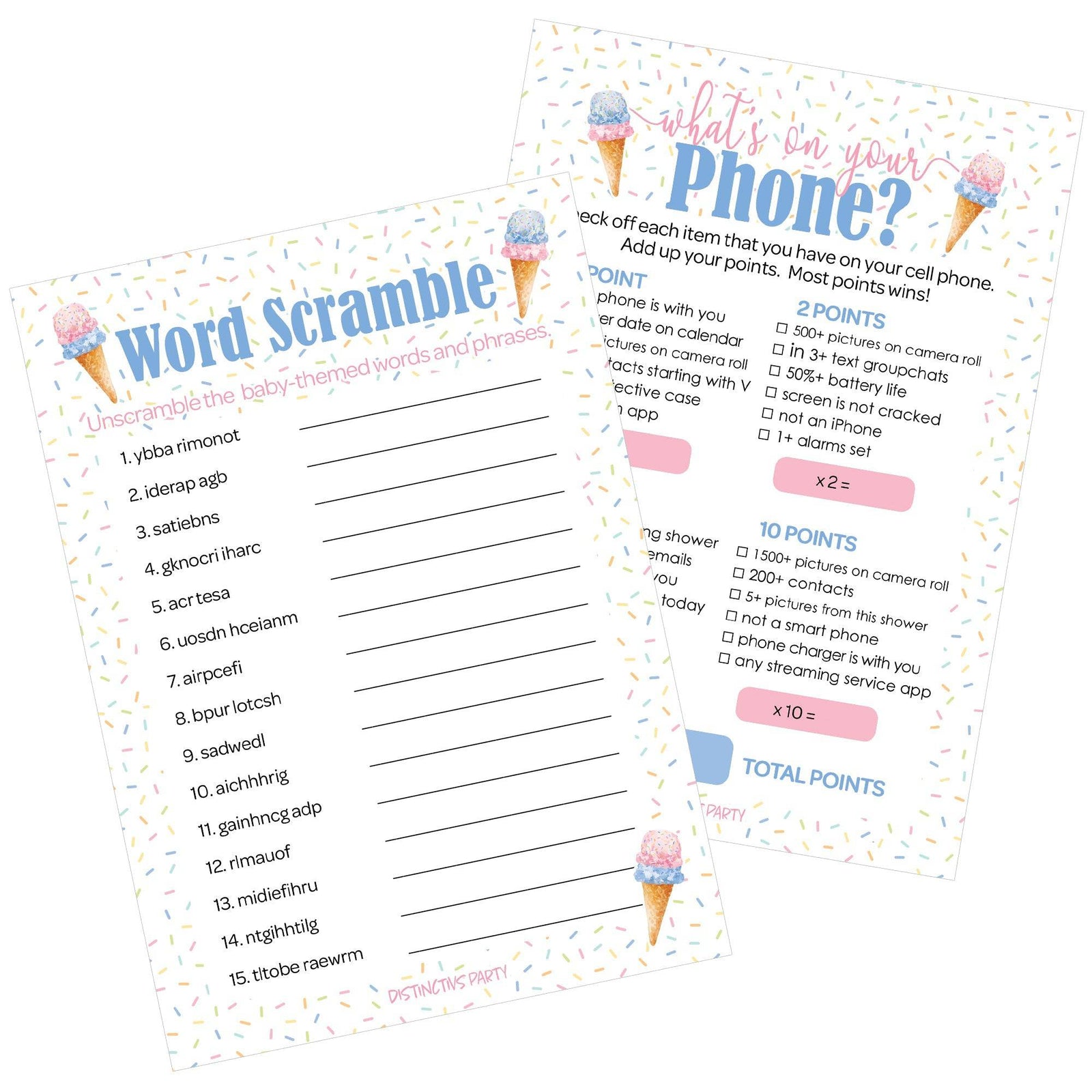 What's the Scoop:  Ice Cream - Gender Reveal Party Game - What's On Your Phone and Word Scramble - Two Game Bundle -  20 Dual Sided Cards - Distinctivs Party