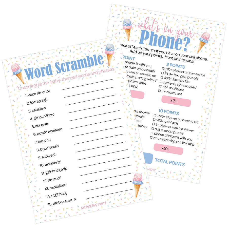 What's the Scoop:  Ice Cream - Gender Reveal Party Game - What's On Your Phone and Word Scramble - Two Game Bundle -  20 Dual Sided Cards - Distinctivs Party