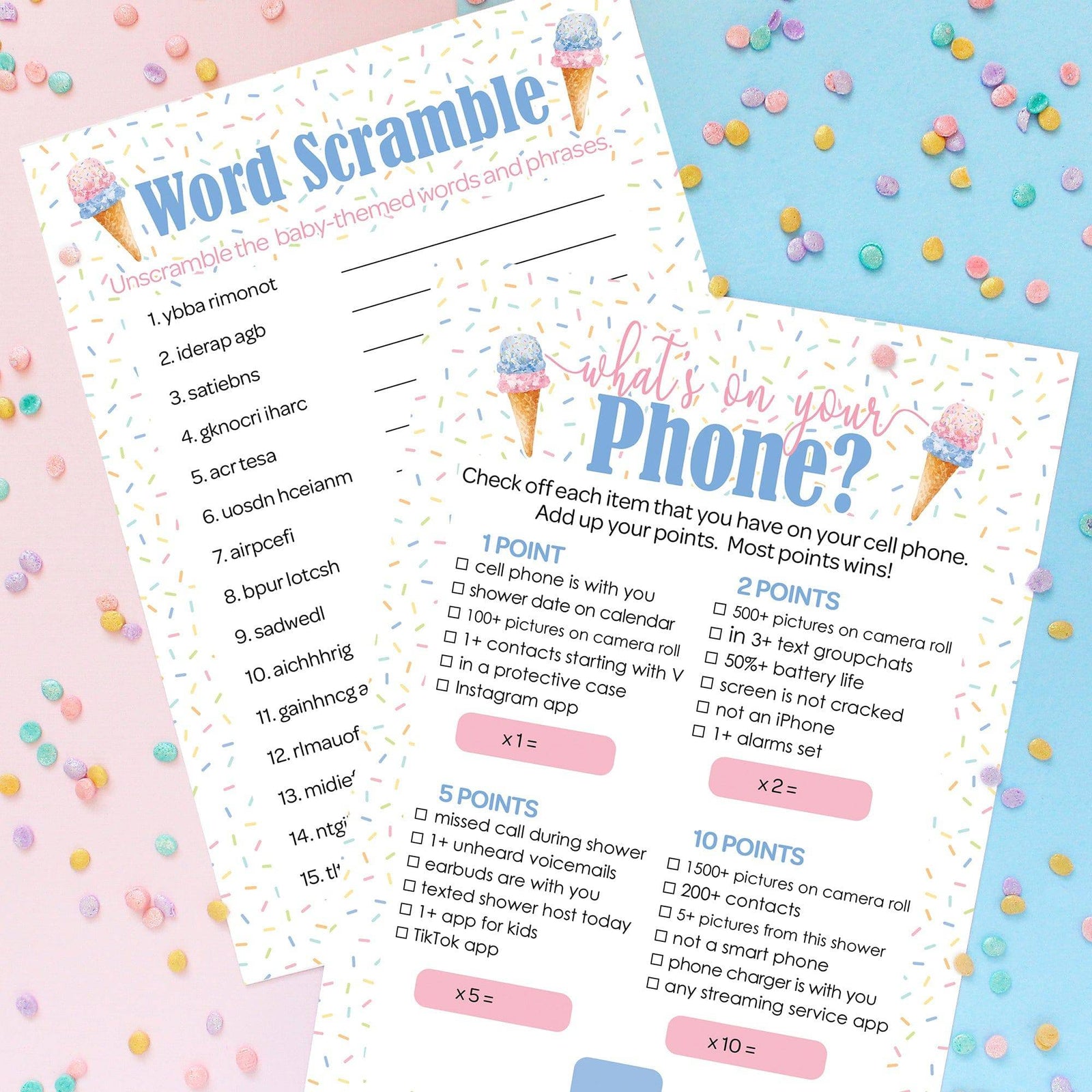 What's the Scoop:  Ice Cream - Gender Reveal Party Game - What's On Your Phone and Word Scramble - Two Game Bundle -  20 Dual Sided Cards - Distinctivs Party