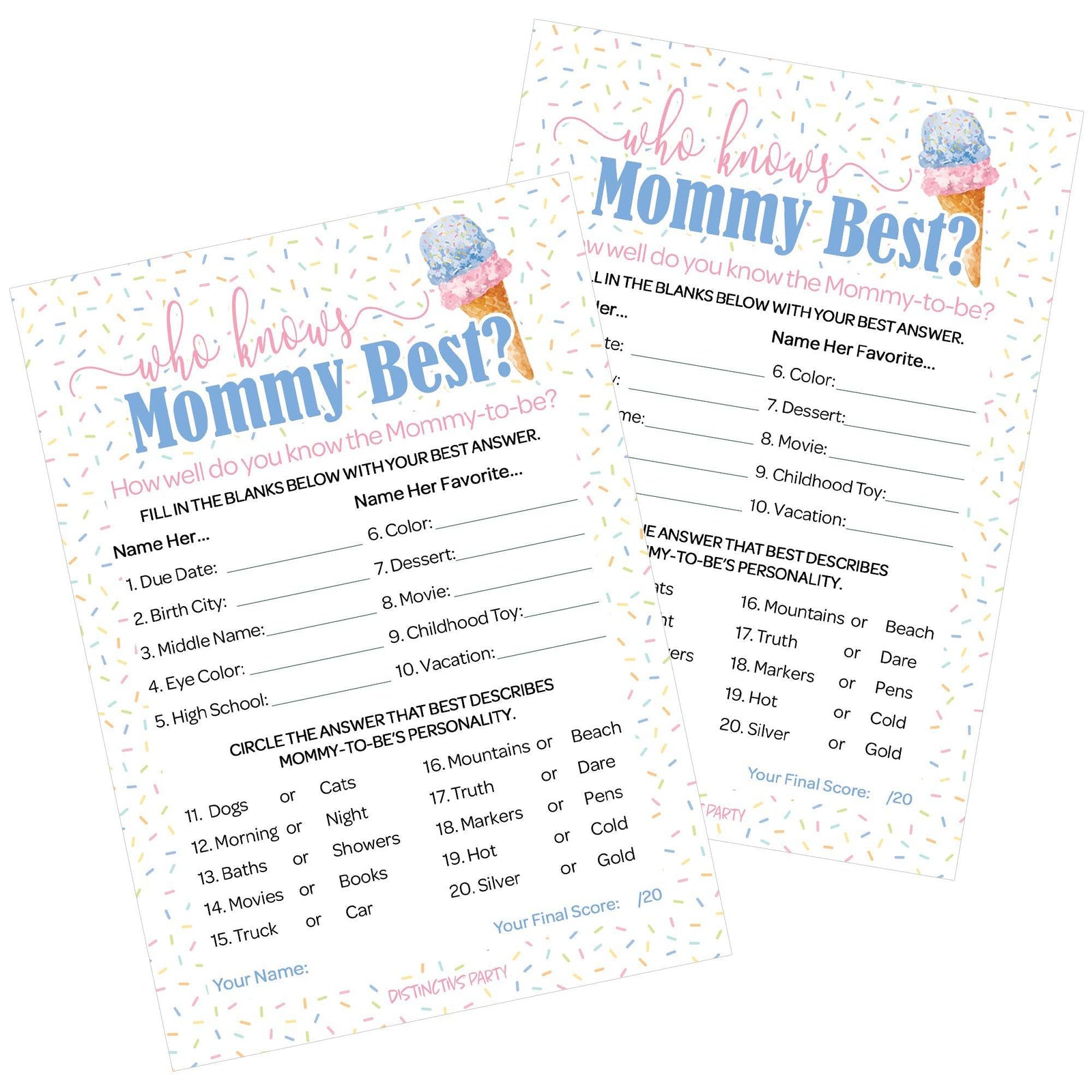 What's the Scoop:  Ice Cream - Gender Reveal Party Game -  Who Knows Mommy Best - 20 Cards - Distinctivs Party