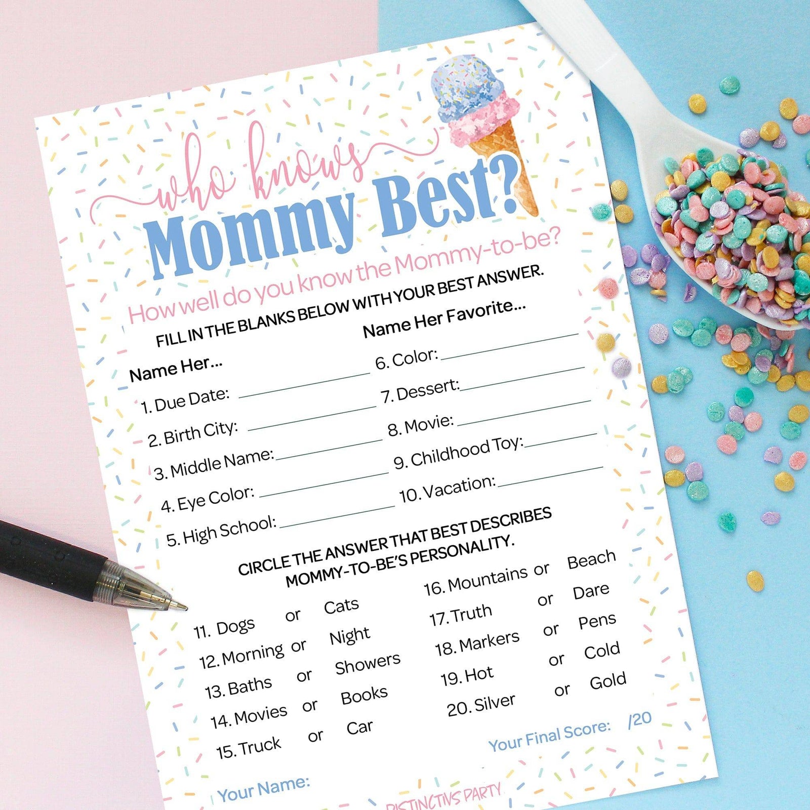 What's the Scoop:  Ice Cream - Gender Reveal Party Game -  Who Knows Mommy Best - 20 Cards - Distinctivs Party