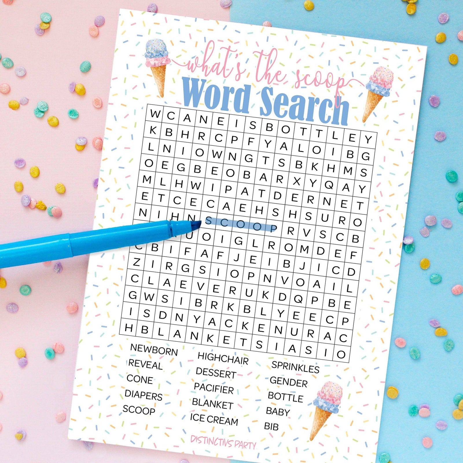 What’s the Scoop: Ice Cream - Gender Reveal Party Game - Word Search - 20 Cards - Distinctivs Party