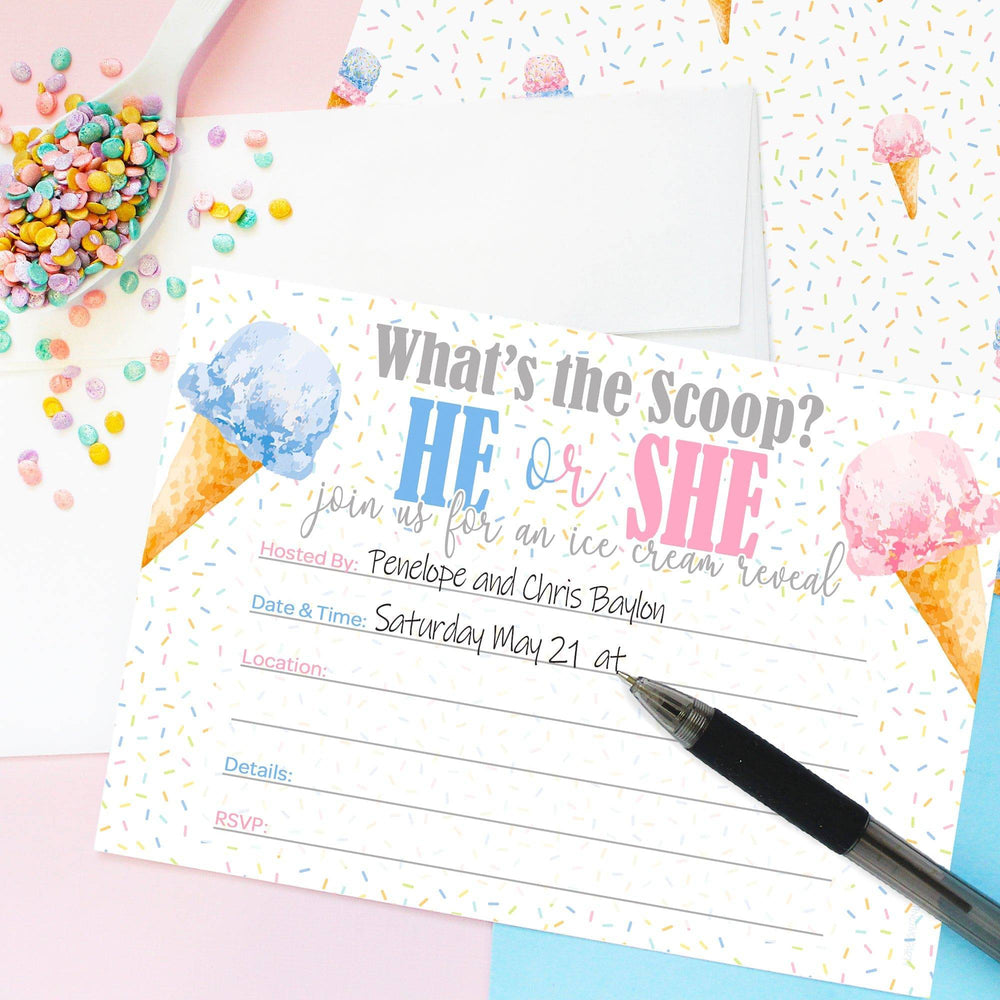 What's the Scoop: Ice Cream - Gender Reveal Party - Invitations – 10 Pack - Distinctivs Party