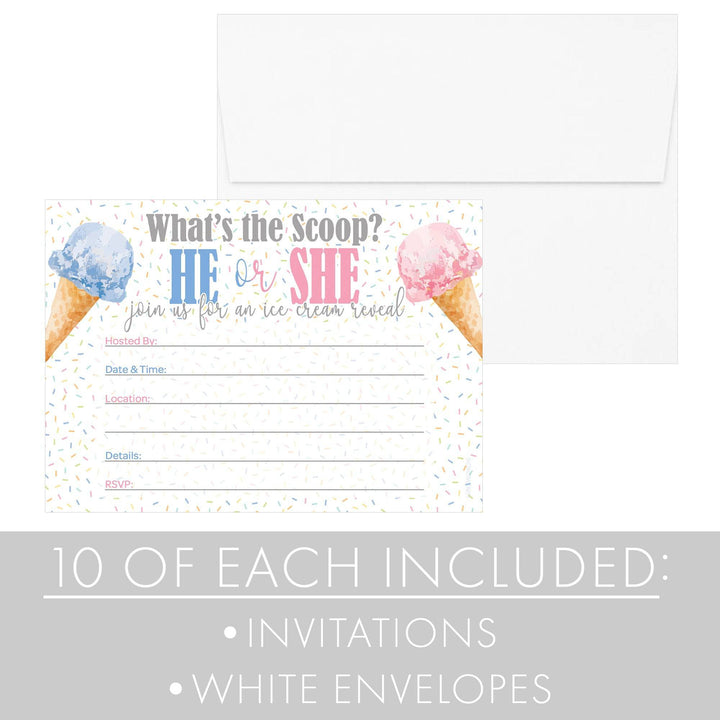 What's the Scoop: Ice Cream - Gender Reveal Party - Invitations – 10 Pack - Distinctivs Party