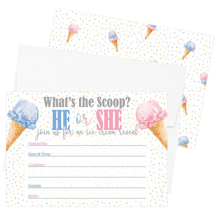 What's the Scoop - Team He or Team She - Ice Cream Gender Reveal Baby Shower Party Invitations – 10 Cards